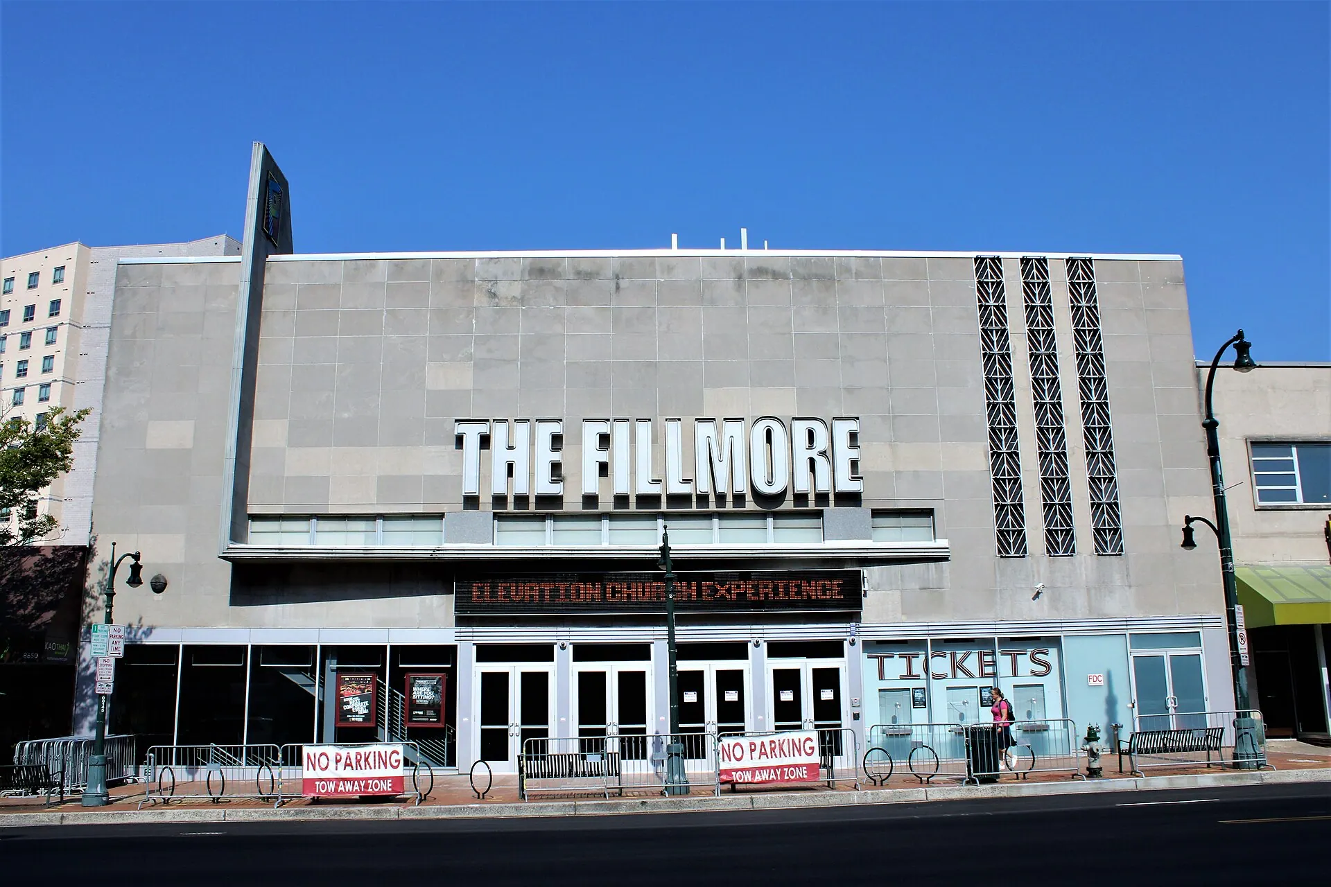 Front exterior view of The Fillmore Silver Spring and its main doors.