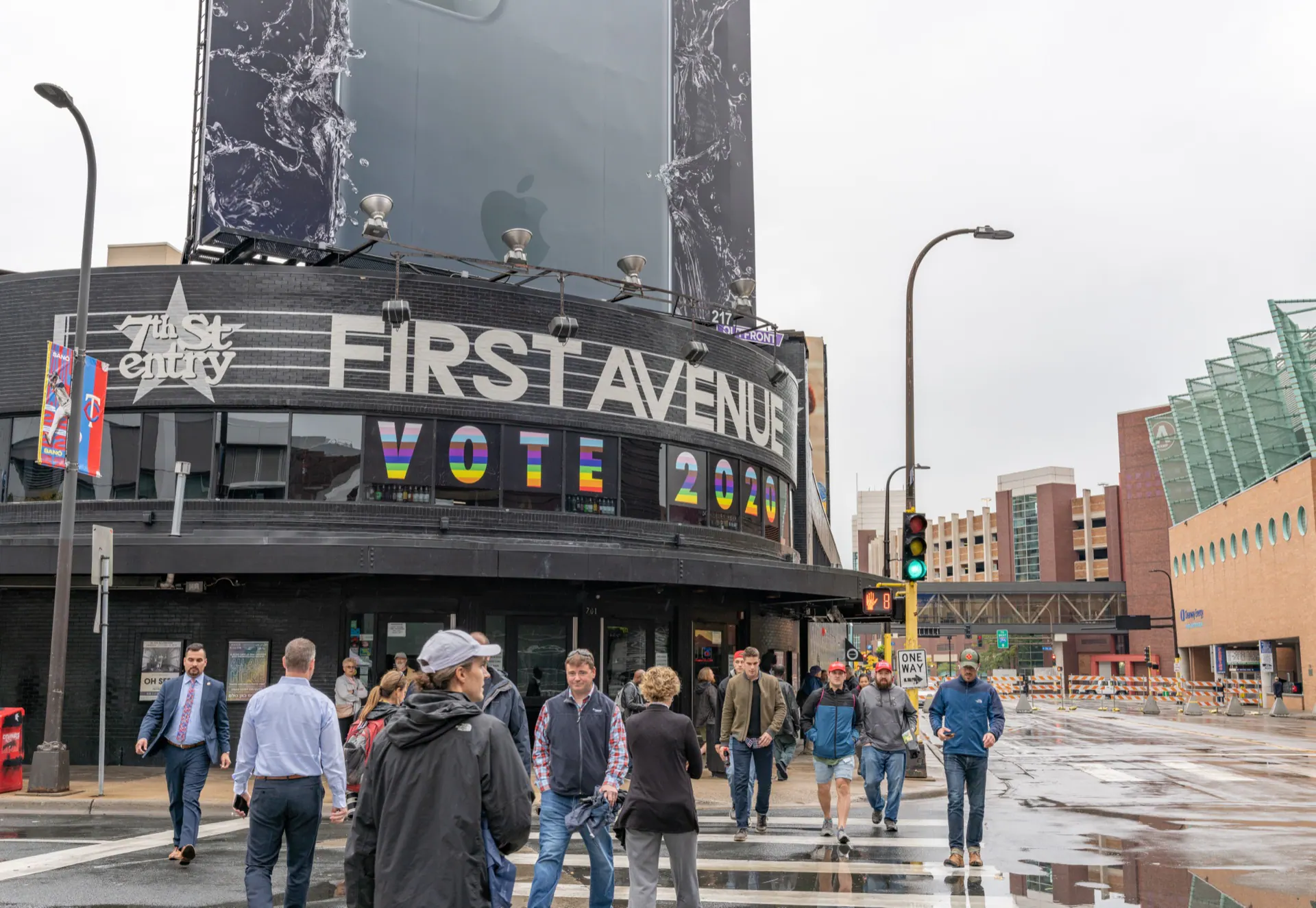Close, venue-identifying view of First Avenue's star-covered façade and vertical sign in downtown Minneapolis.
