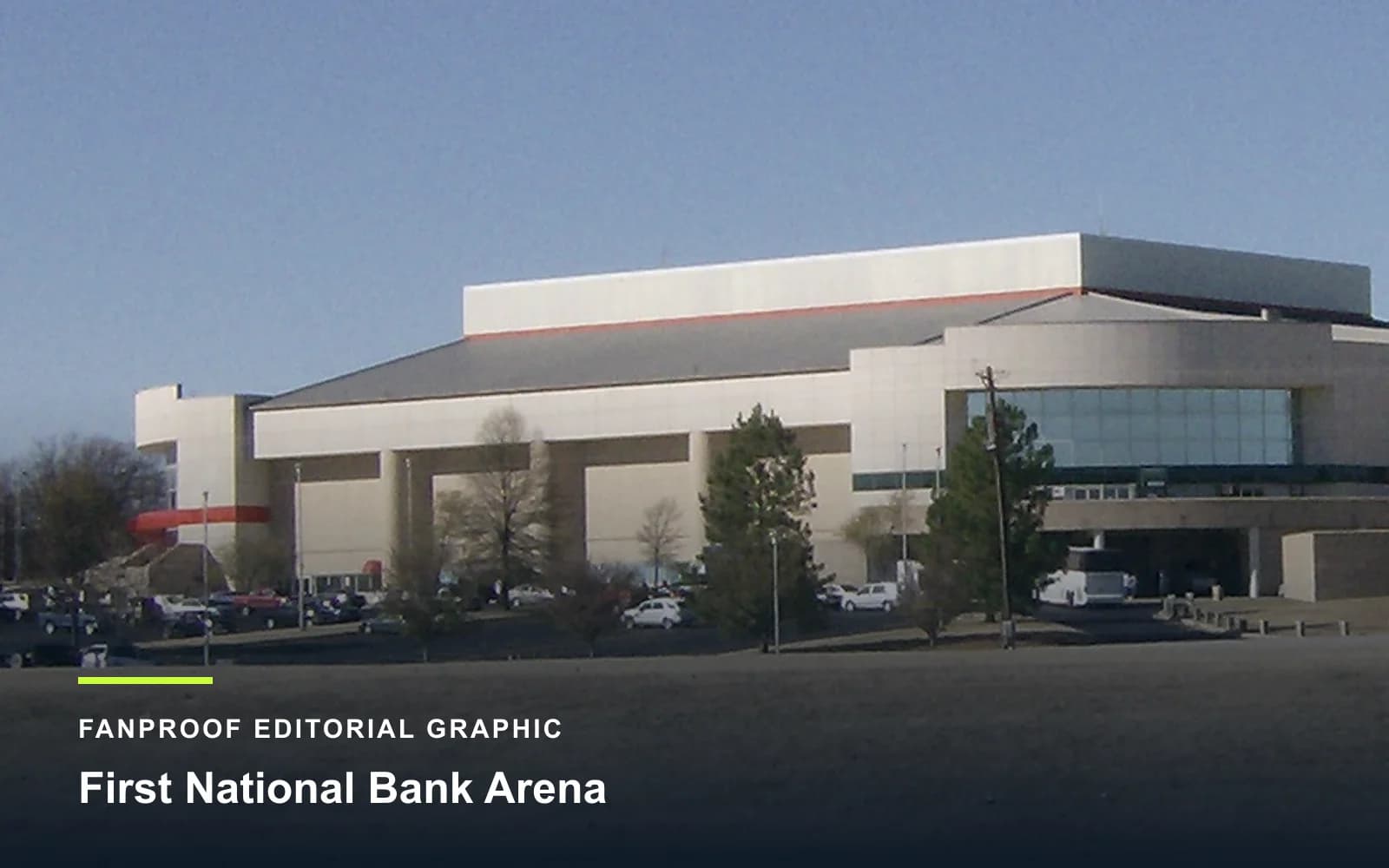 FanProof editorial graphic derived from a reuse-cleared view of First National Bank Arena, home of Arkansas State basketball.