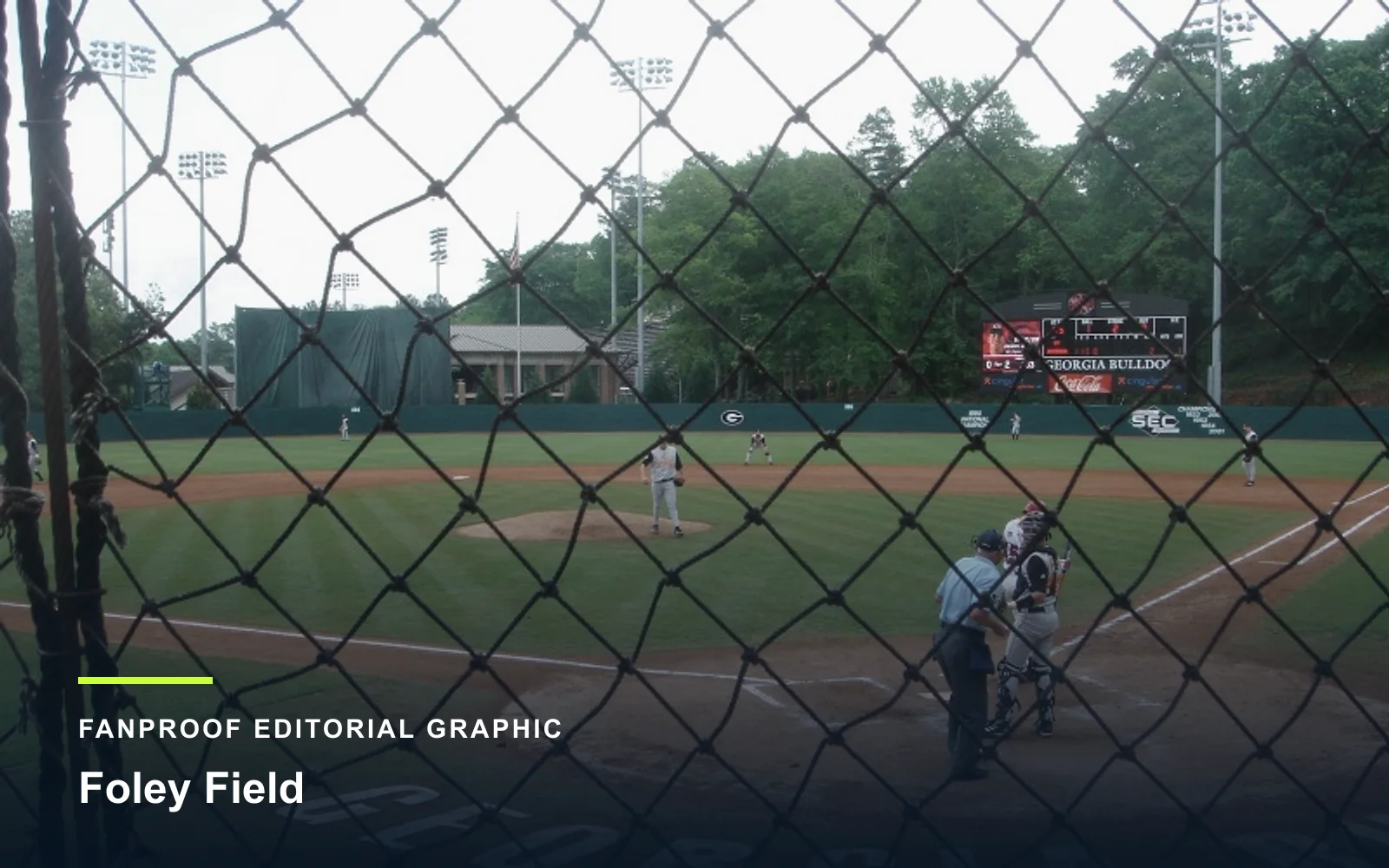 FanProof editorial graphic derived from a reuse-cleared view of Foley Field, home of Georgia baseball.