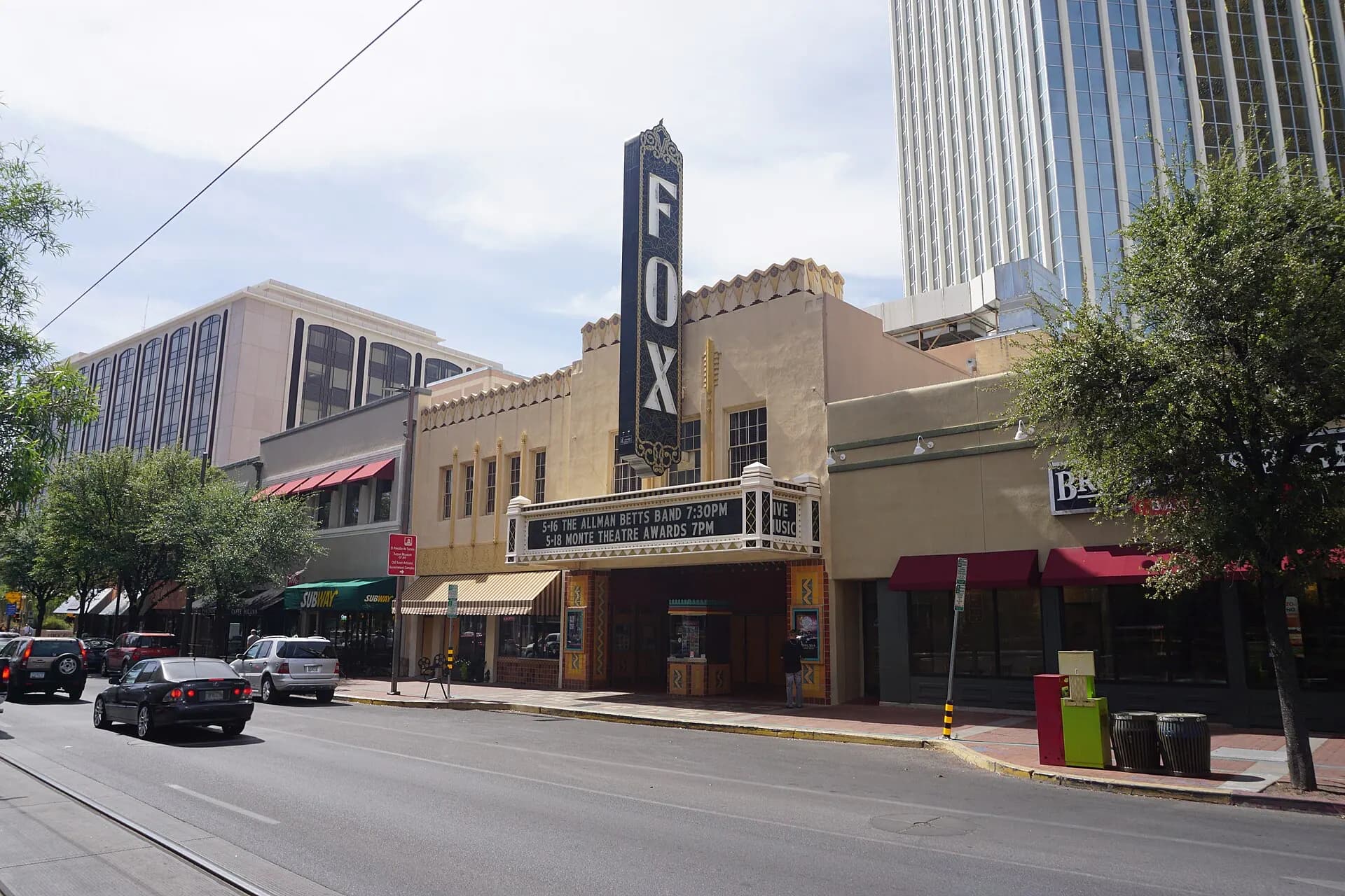 The Fox Tucson Theatre facade, marquee, and vertical sign in downtown Tucson.
