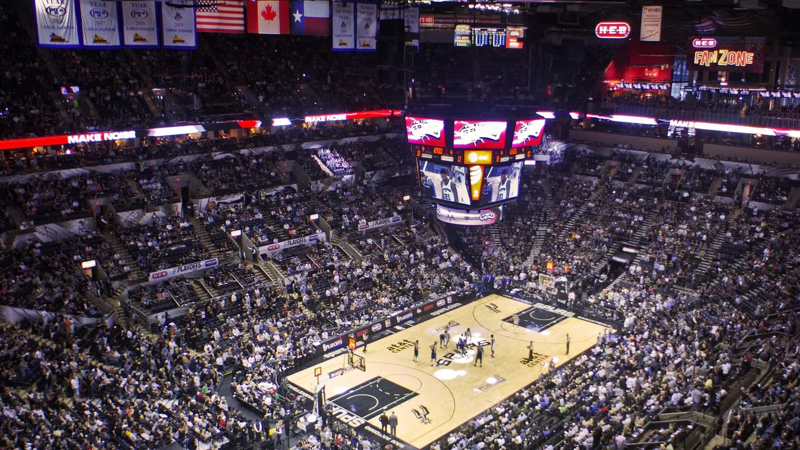High, wide interior view of Frost Bank Center during a San Antonio Spurs playoff game.