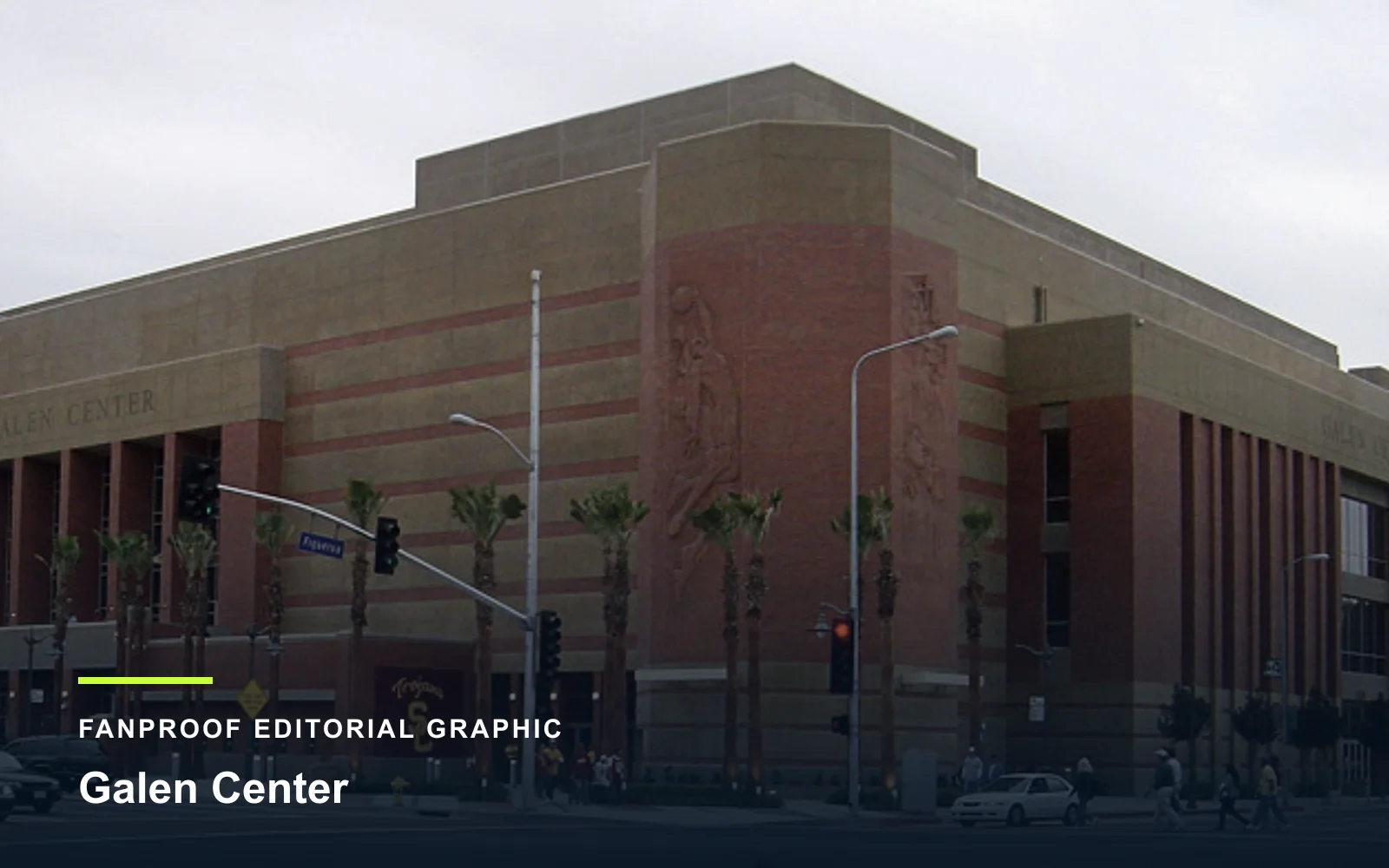 FanProof editorial graphic derived from a reuse-cleared view of Galen Center, home of USC basketball.