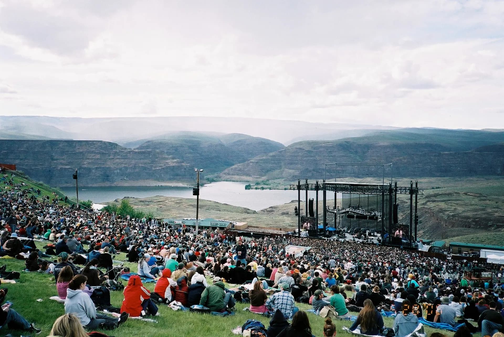 The Gorge Amphitheatre lawn, stage, and Columbia River landscape.