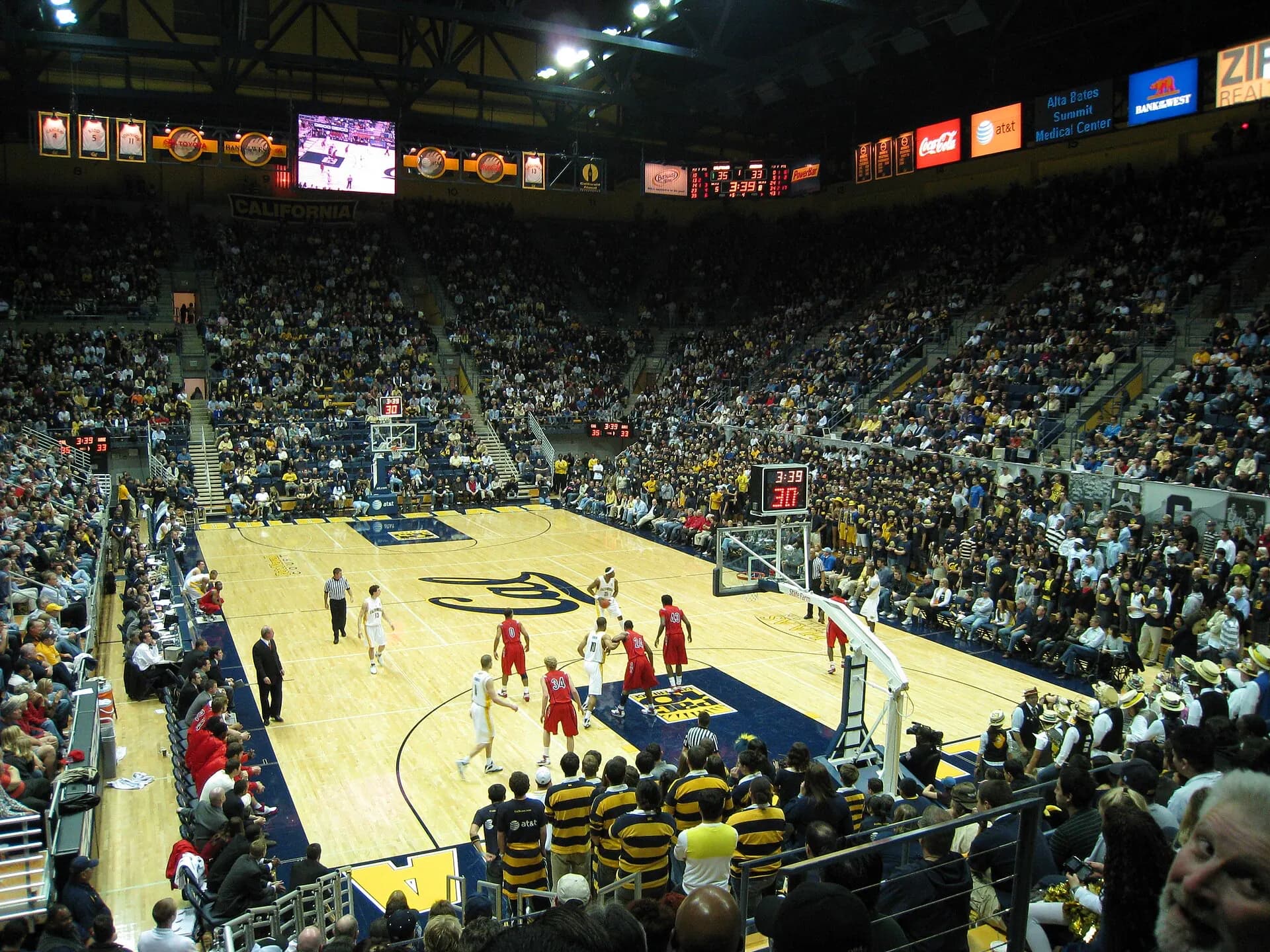 Wide interior view of the court and seating bowl inside Haas Pavilion.