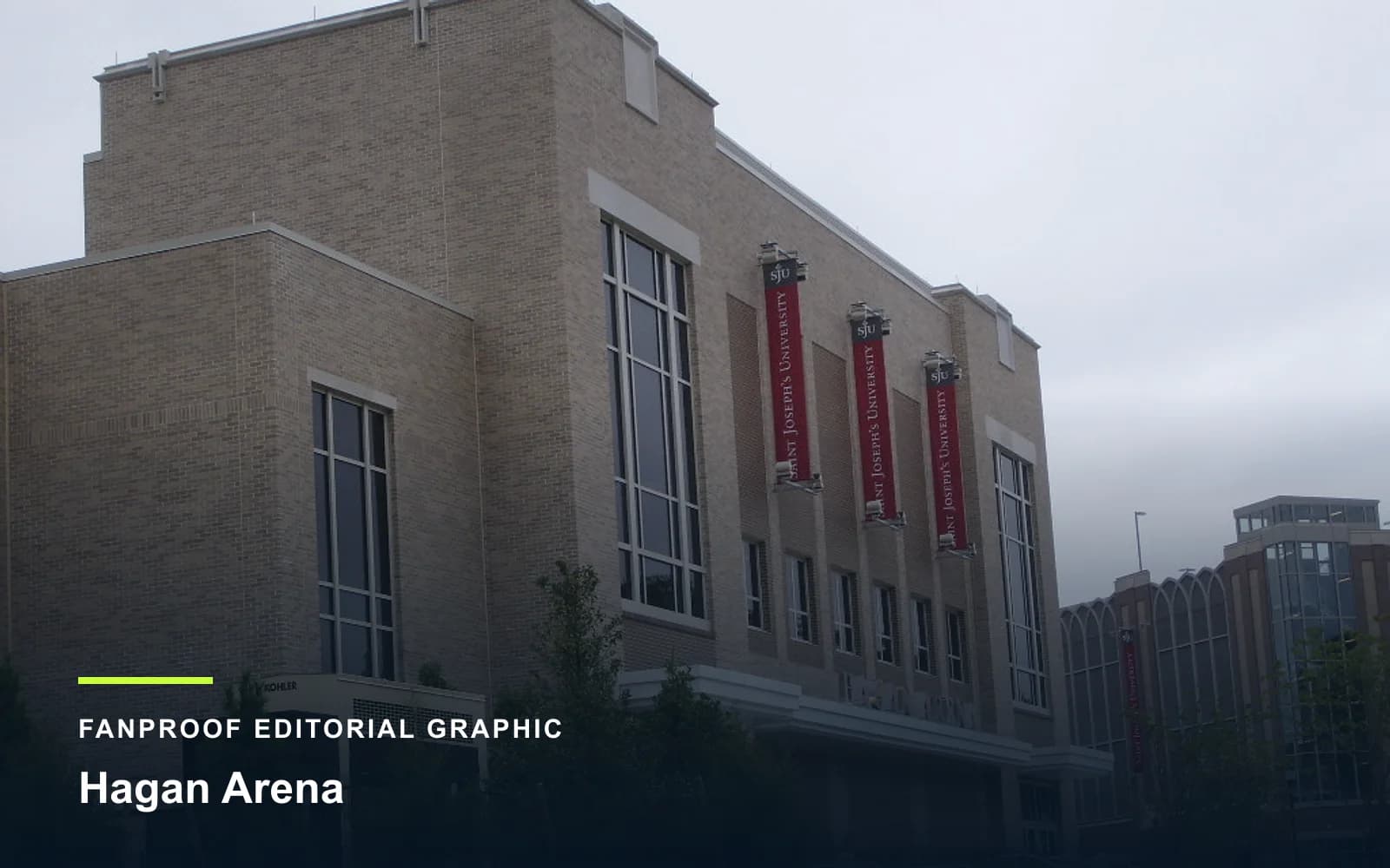 FanProof editorial graphic derived from a reuse-cleared view of Hagan Arena, home of Saint Joseph's basketball.