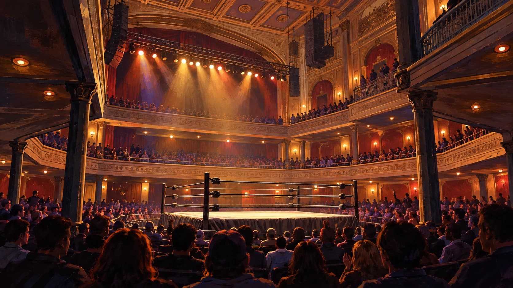 FanProof editorial illustration of a wrestling setup inside Hammerstein Ballroom, including its balconies and support pillars.