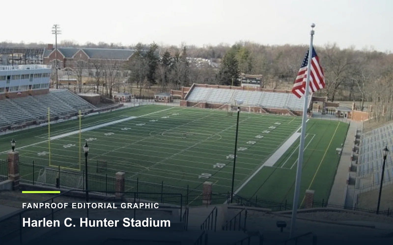 FanProof editorial graphic derived from a reuse-cleared view of Harlen C. Hunter Stadium, home of Lindenwood Lions football.