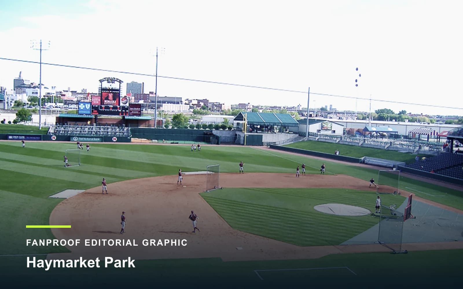 FanProof editorial graphic derived from a reuse-cleared view of Haymarket Park, home of Nebraska baseball.