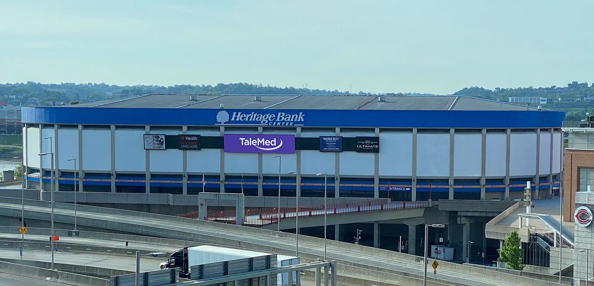 Wide exterior view of Heritage Bank Center and its main entrance.