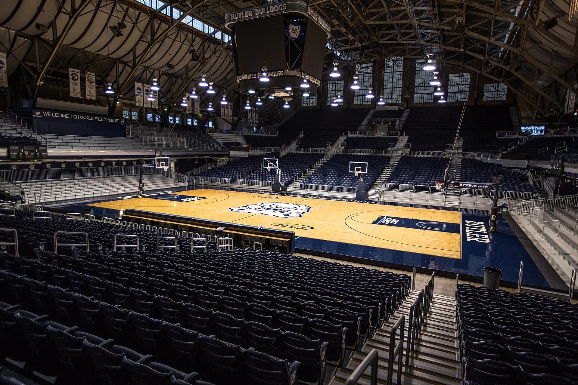 A wide view of the Hinkle Fieldhouse court and seating bowl.