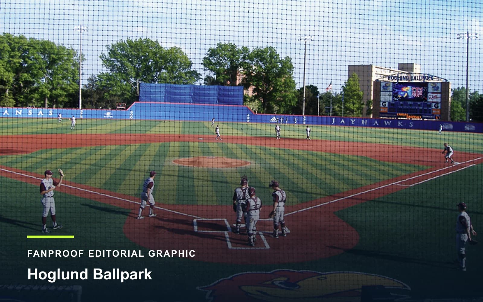 FanProof editorial graphic derived from a reuse-cleared view of Hoglund Ballpark, home of Kansas baseball.
