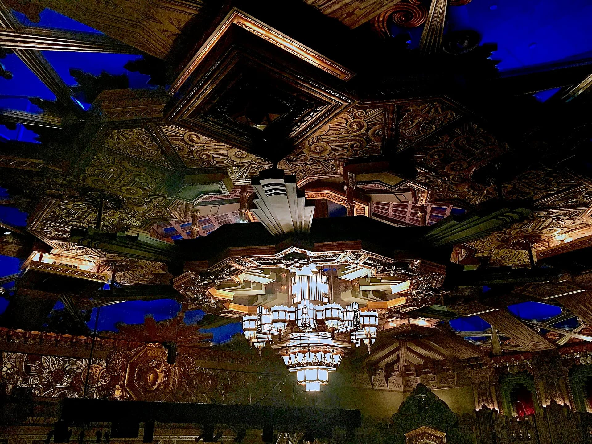 Interior view across the auditorium and Art Deco details at the Hollywood Pantages Theatre.