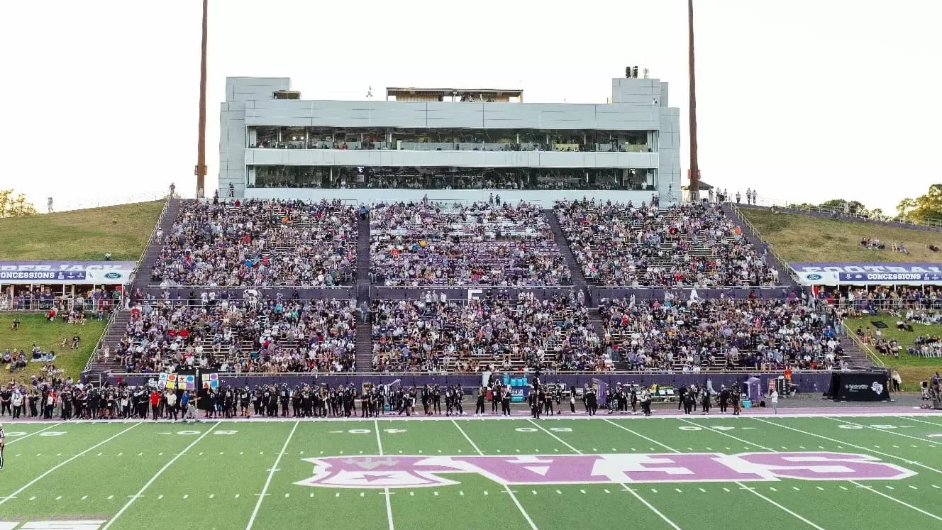 Homer Bryce Stadium’s home grandstand during football, in an official facility photograph labeled 2025 versus Lamar.
