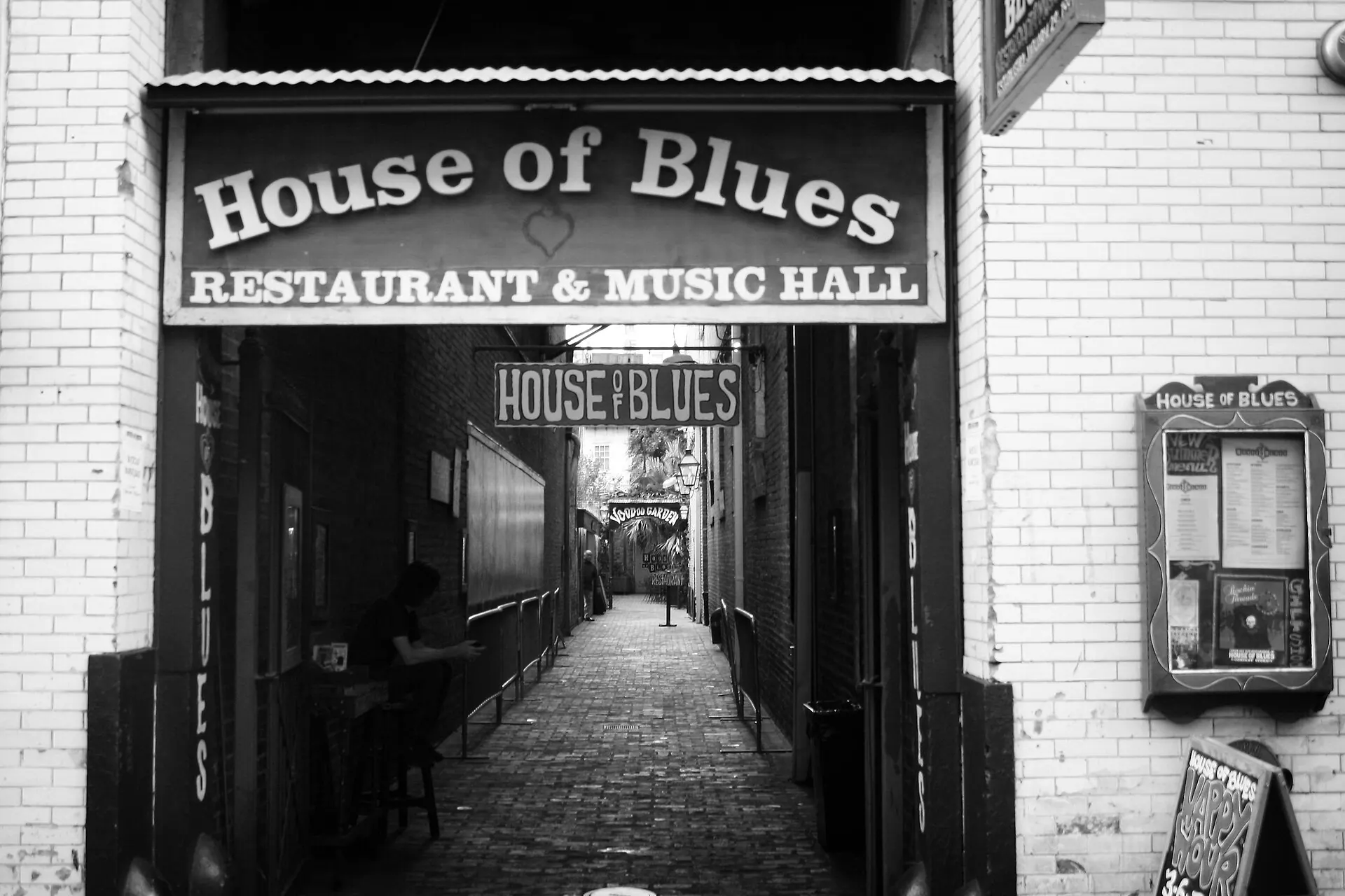 Exterior entrance alley leading to House of Blues New Orleans in the French Quarter.