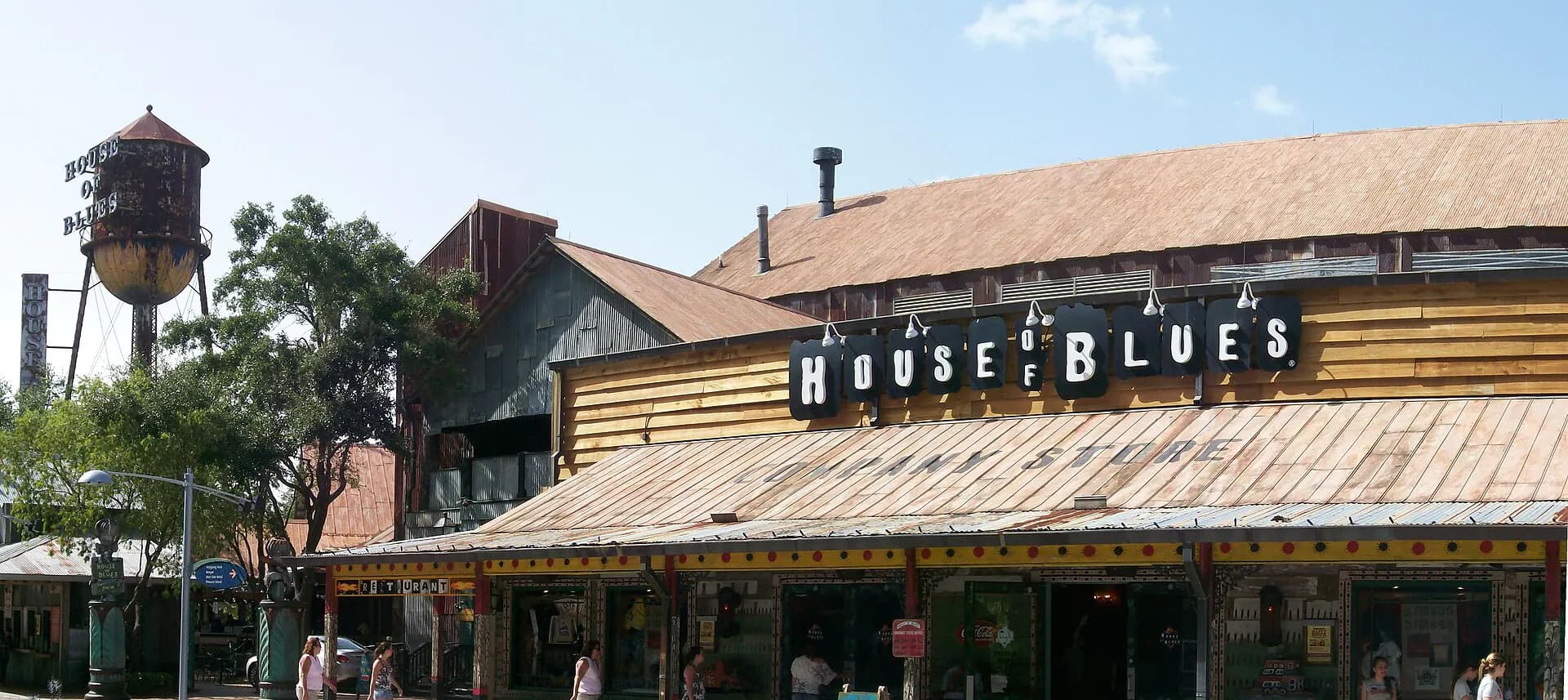 Wide exterior establishing view of House of Blues Orlando at Disney Springs.