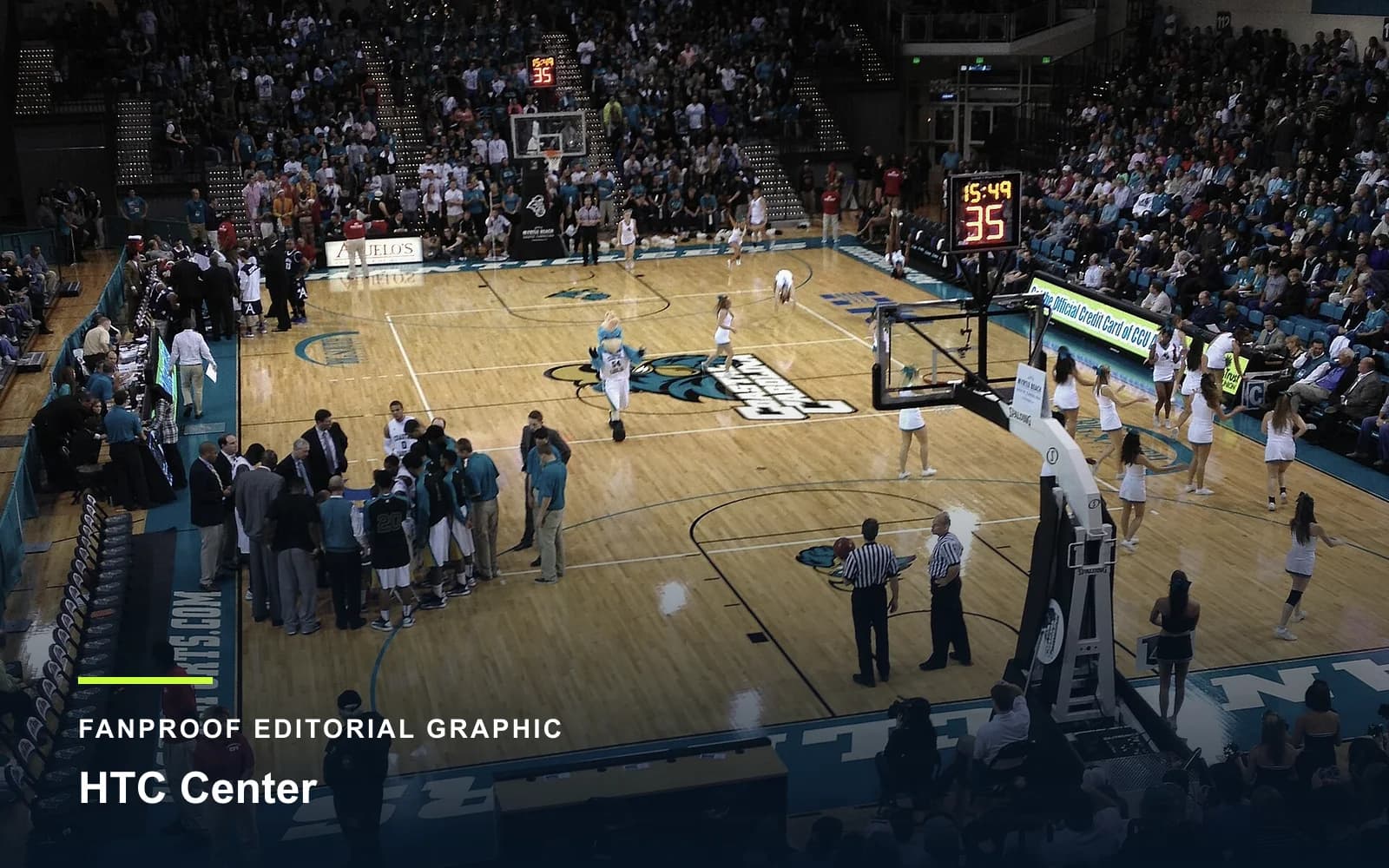 FanProof editorial graphic derived from a reuse-cleared view of HTC Center, home of Coastal Carolina basketball.