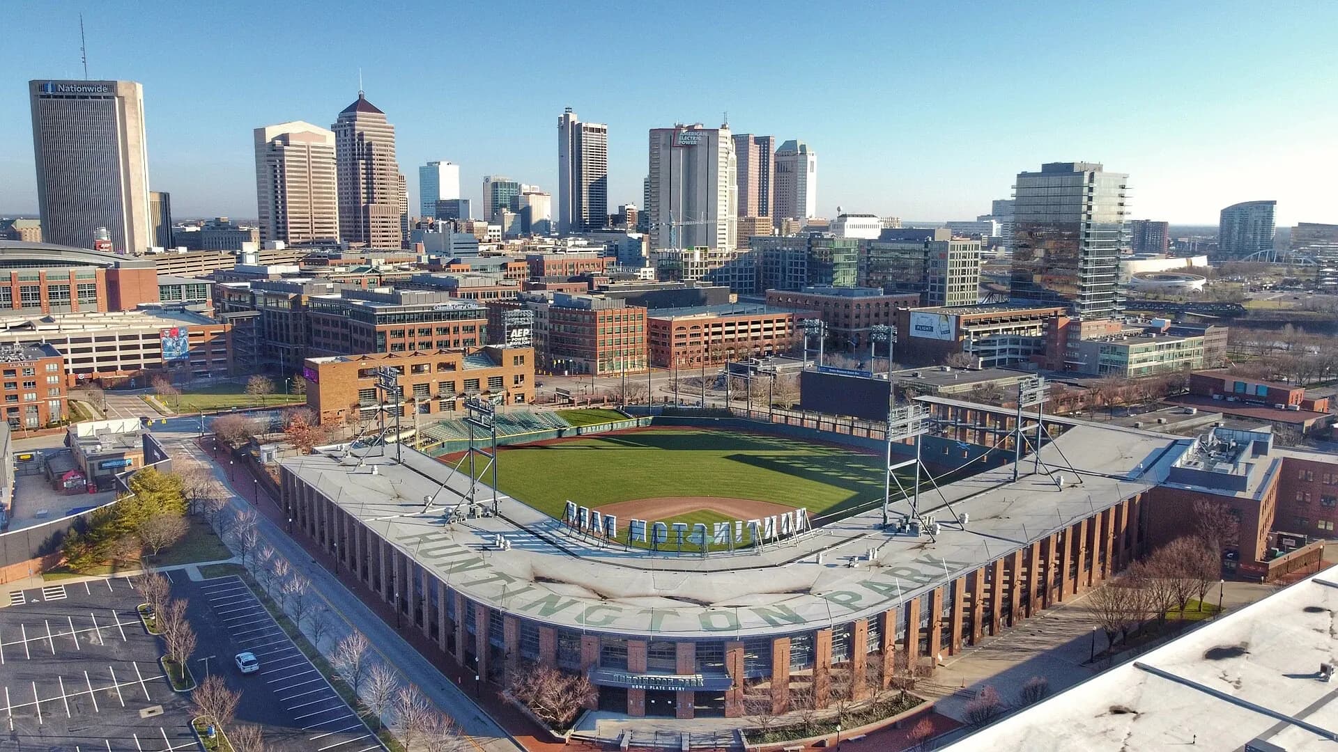 Aerial view of Huntington Park with its field, seating, and downtown Columbus.