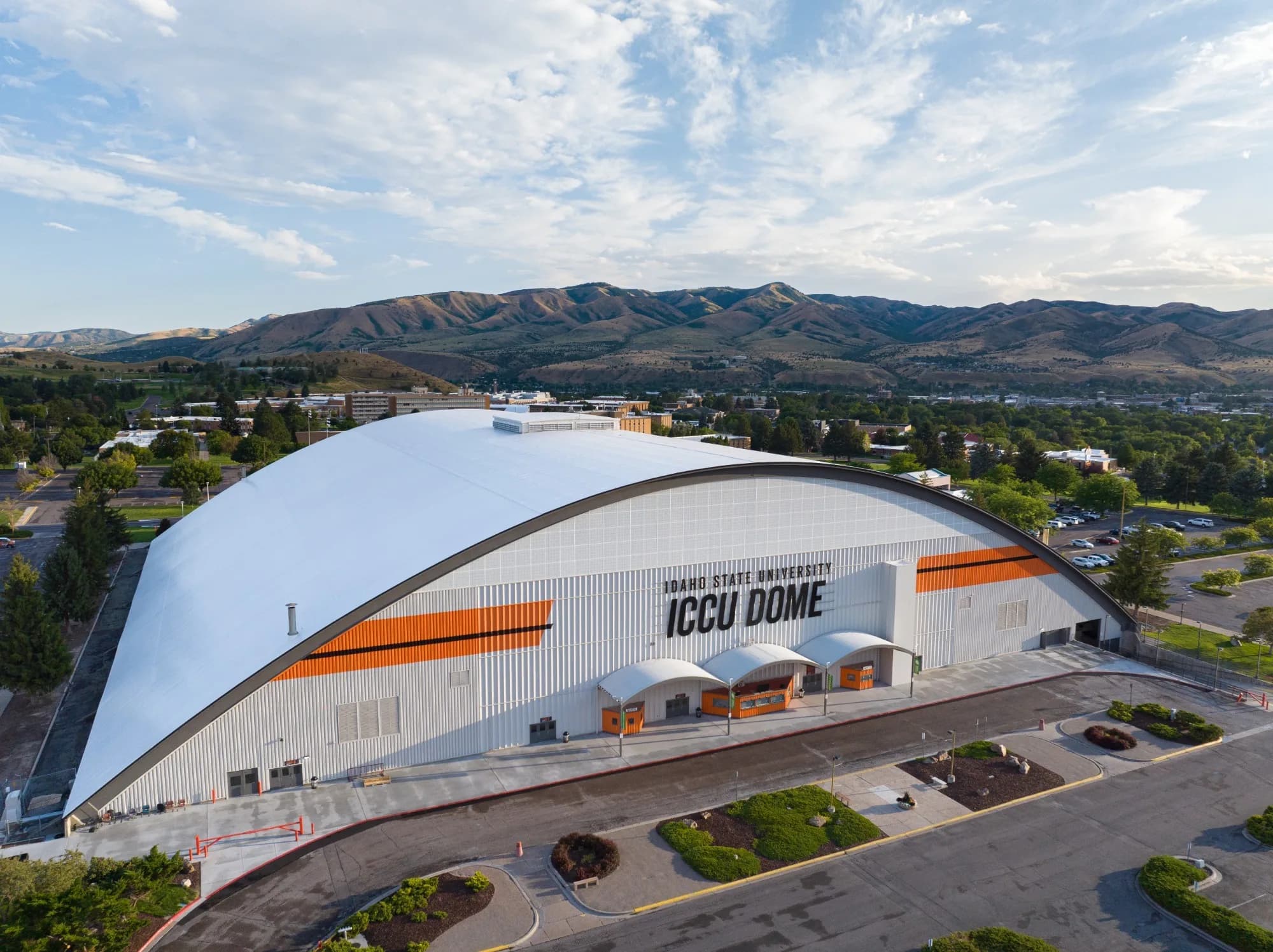 ICCU Dome’s exterior and entrance approach, published with Idaho State’s 2026 football entry announcement.