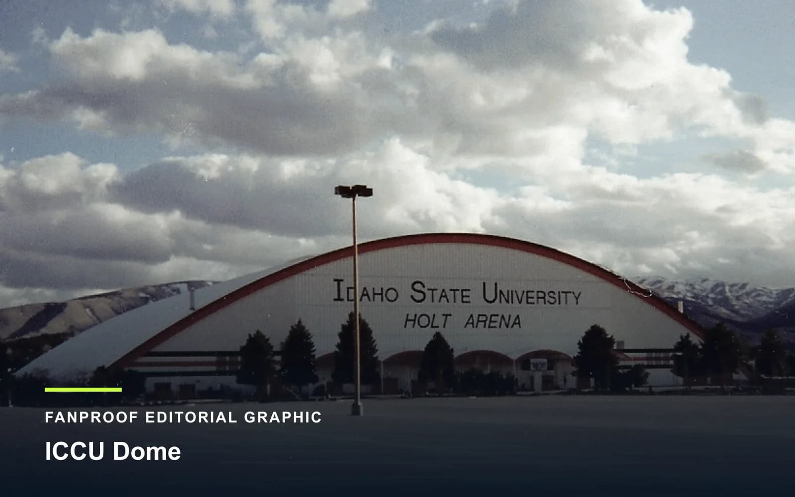 FanProof editorial graphic derived from a reuse-cleared view of ICCU Dome, home of Idaho State Bengals football.