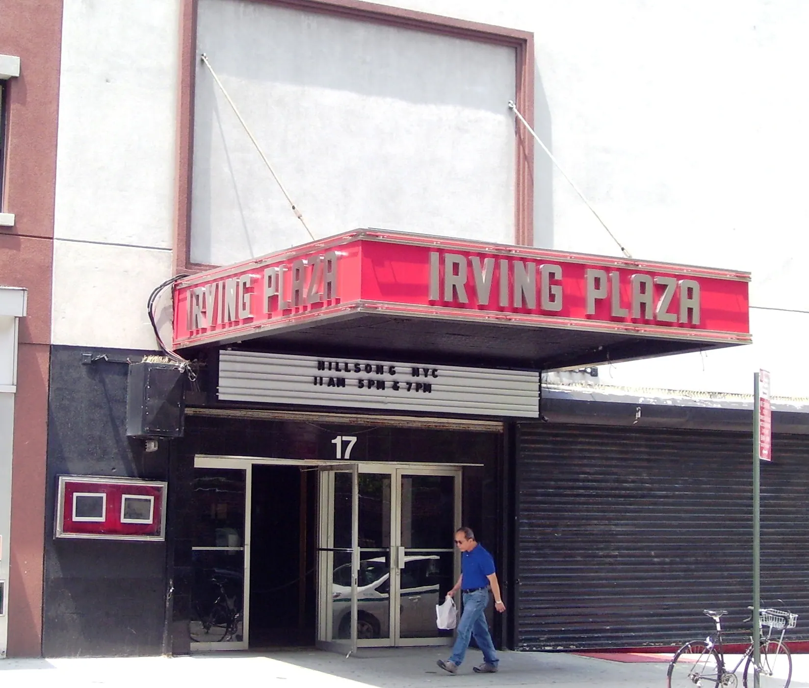 Street-level exterior view of the entrance and marquee at Irving Plaza in New York City.