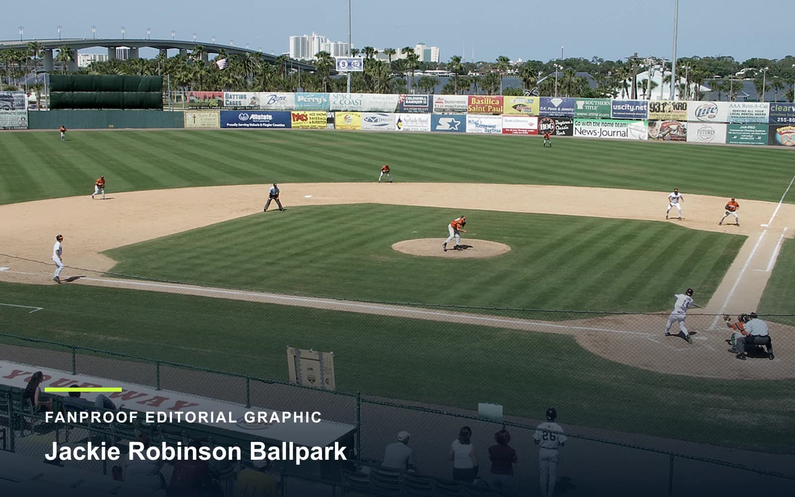 FanProof editorial graphic derived from a reuse-cleared view of Jackie Robinson Ballpark, home of Bethune–Cookman baseball.