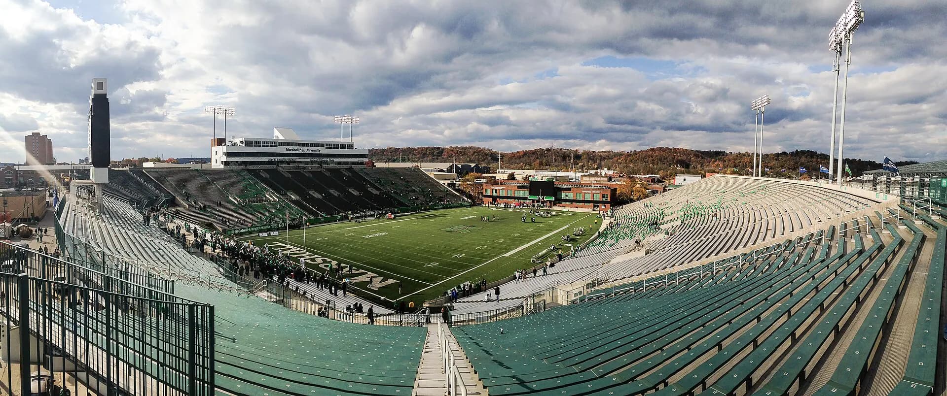 Panoramic interior view of the field and full seating bowl at Joan C. Edwards Stadium.