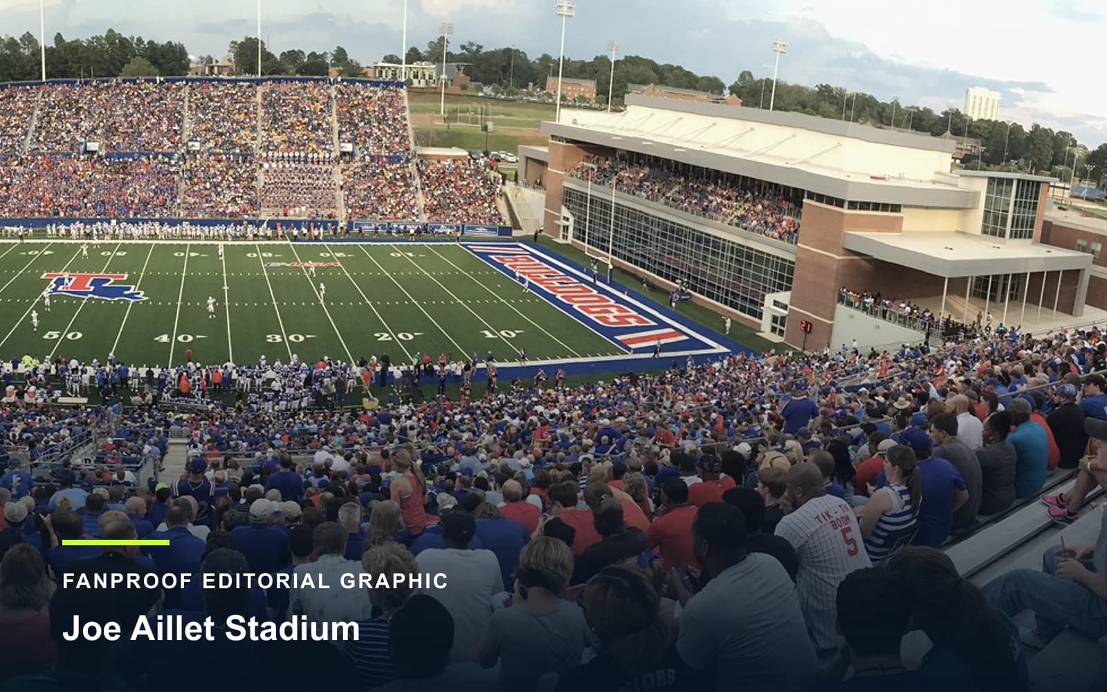 FanProof editorial graphic derived from a reuse-cleared view of Joe Aillet Stadium, home of Louisiana Tech football.