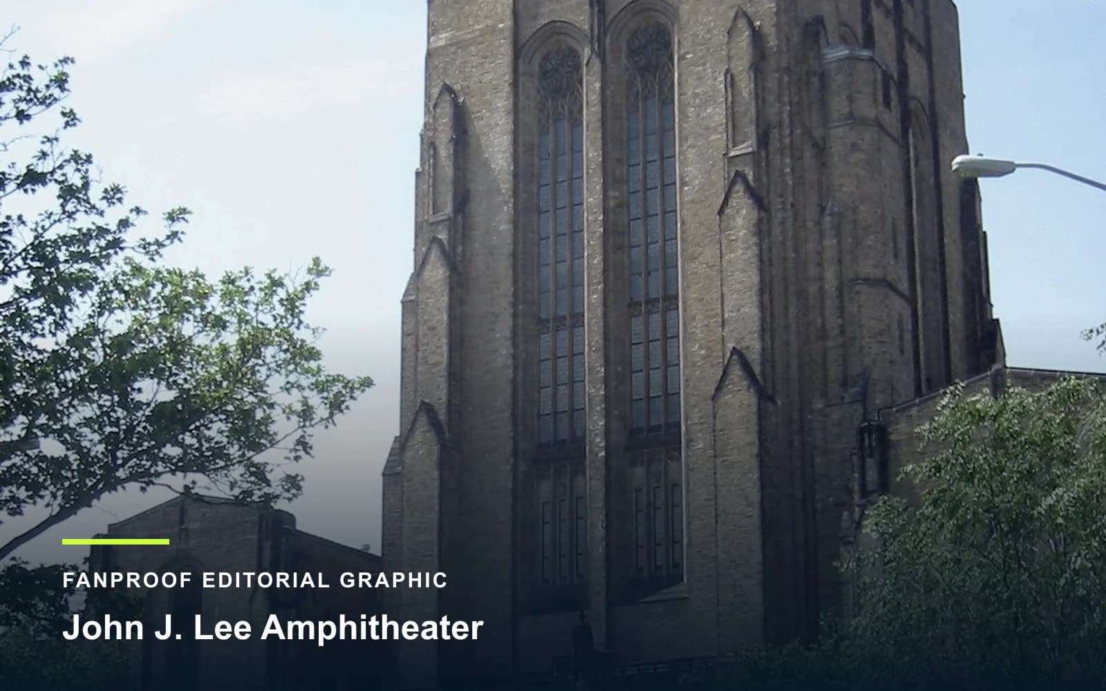 FanProof editorial graphic derived from a reuse-cleared view of John J. Lee Amphitheater, home of Yale basketball.