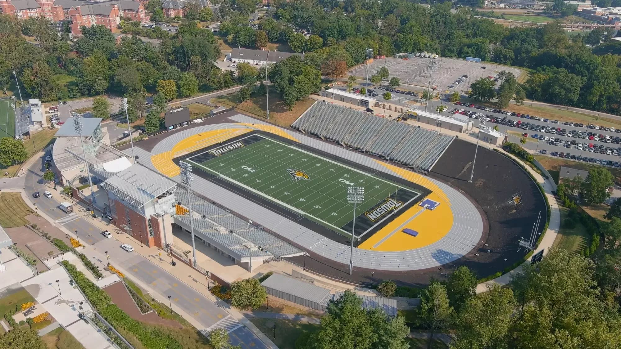 Johnny Unitas Stadium’s field, grandstands and rebuilt track in a Towson aerial identified as September 2023.