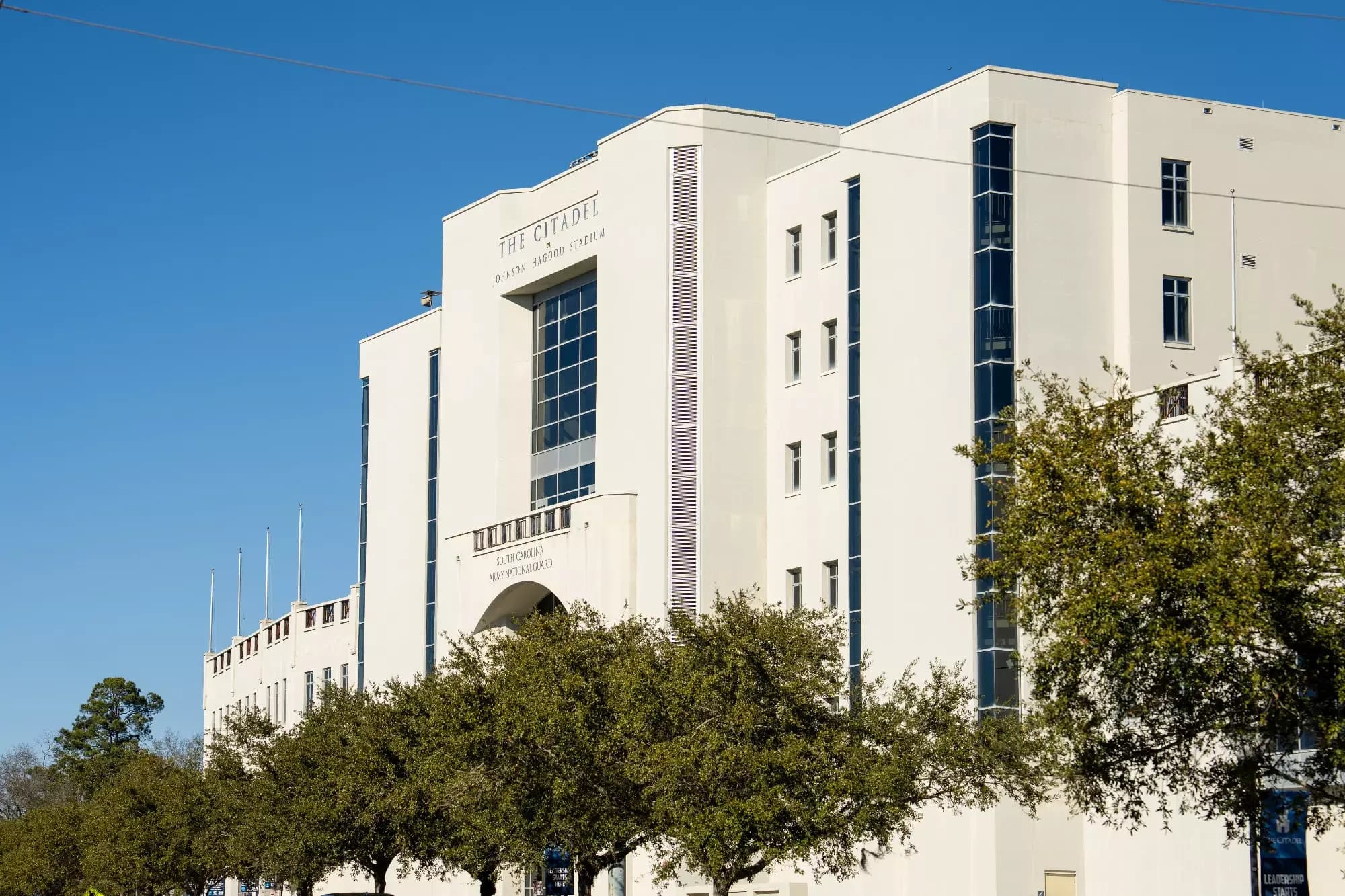 Johnson Hagood Stadium’s west-side entrance building in an official photograph identified as January 19, 2026.
