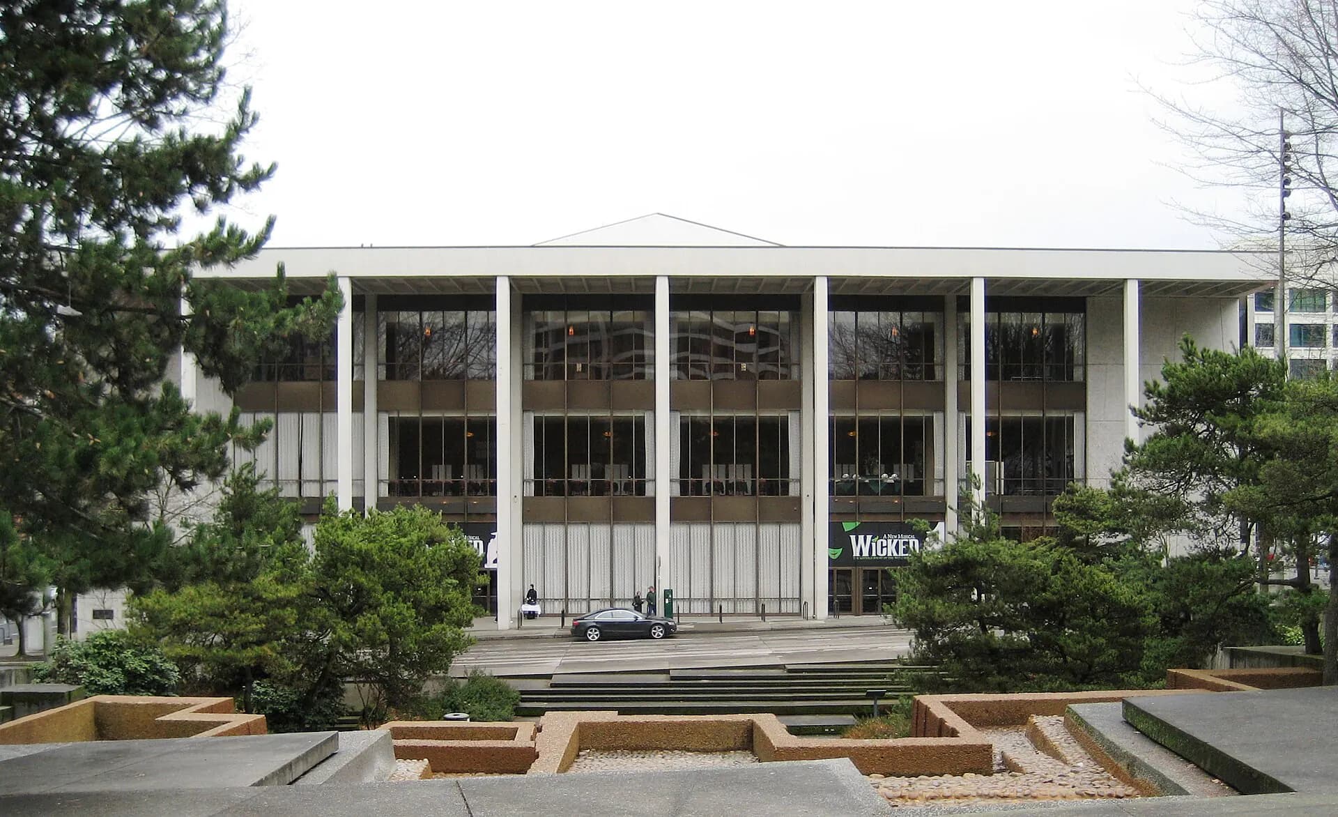 Wide exterior establishing view of Keller Auditorium in downtown Portland.