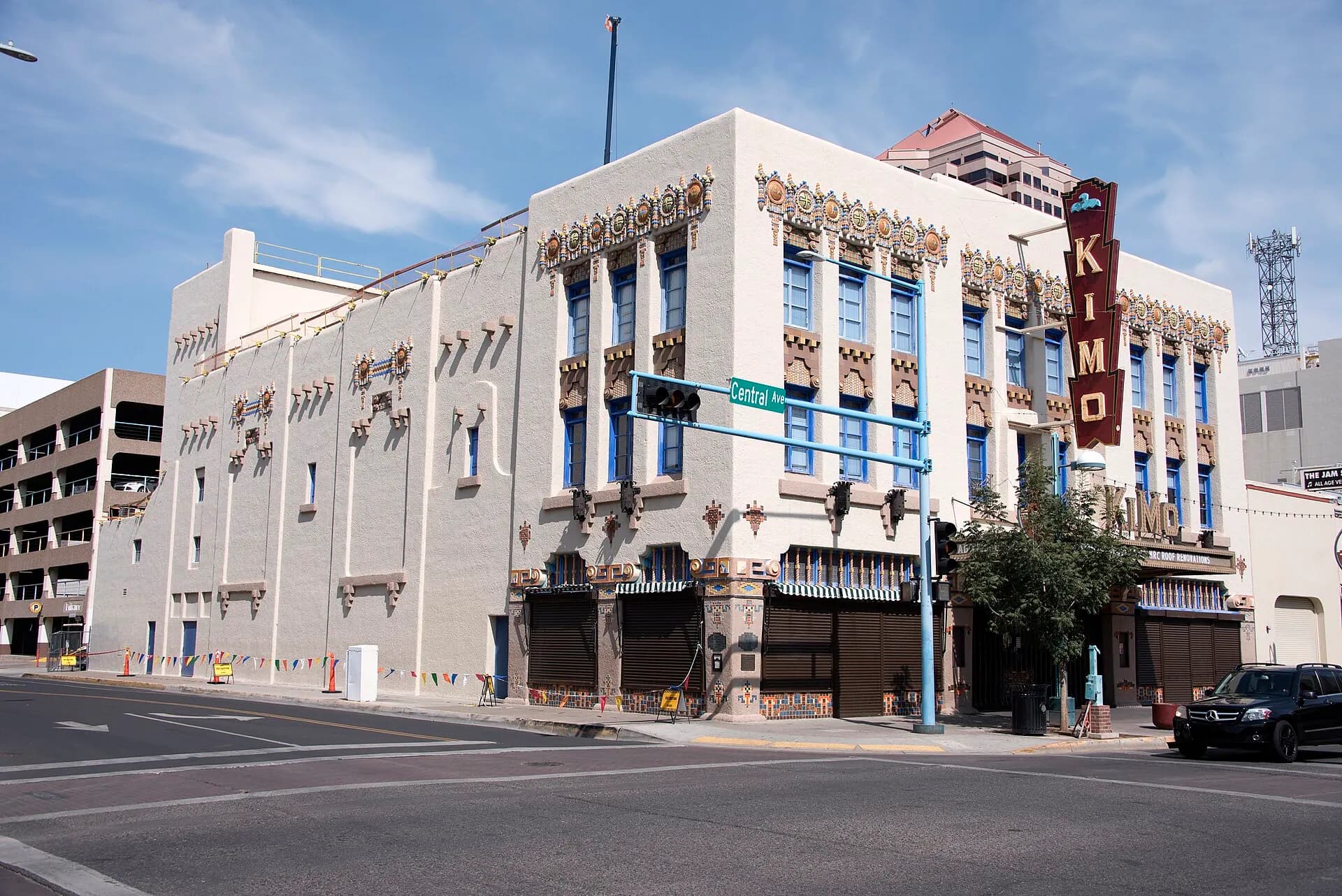 The KiMo Theatre's colorful Pueblo Deco exterior in downtown Albuquerque.