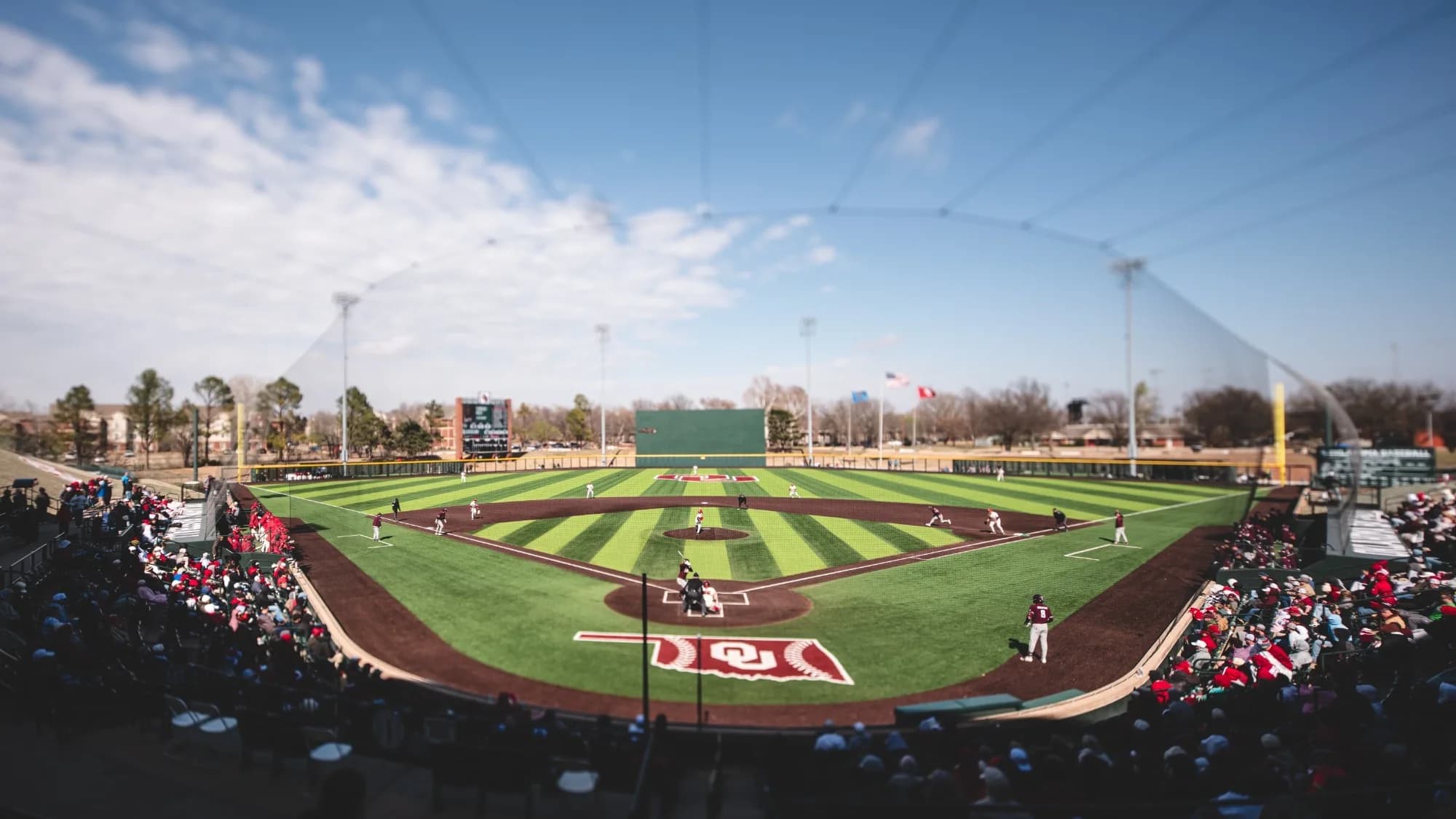 Kimrey Family Stadium’s occupied bowl and diamond in Oklahoma Athletics’ current facility collection. Protective netting remains visible. Compare the actual event ticket and ongoing construction notices; no individual camera seat or capture date is supplied.
