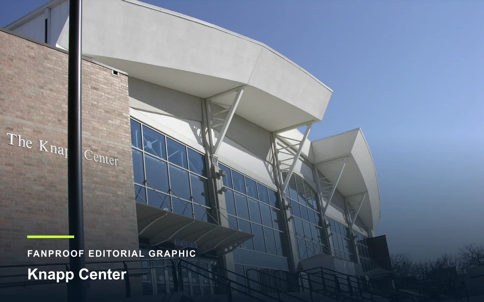 FanProof editorial graphic derived from a reuse-cleared view of Knapp Center, home of Drake basketball.