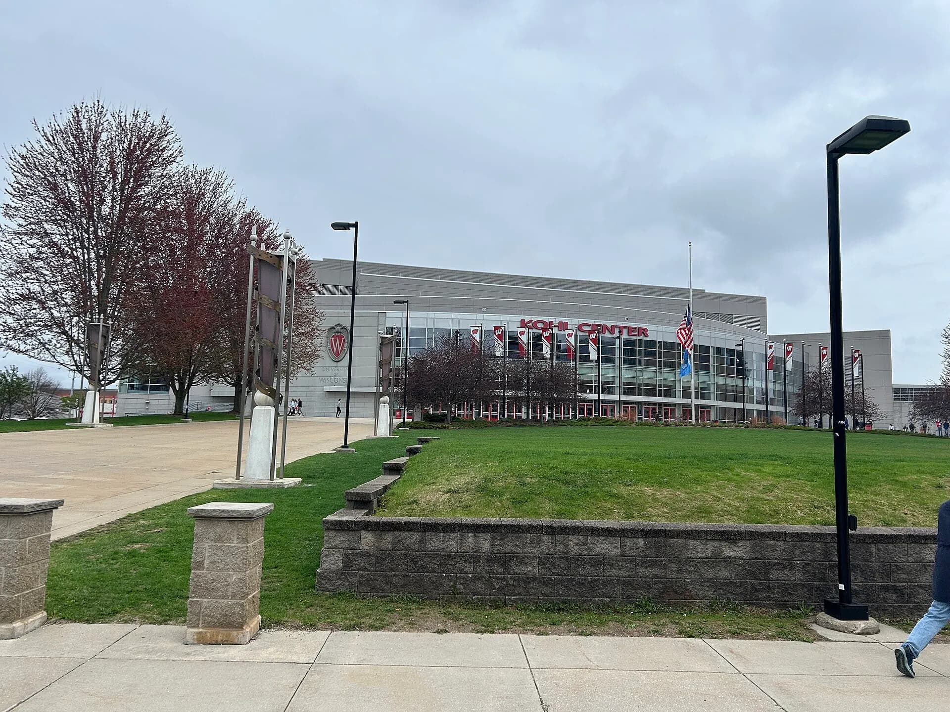 Street-level view of the Kohl Center exterior and main facade in Madison.