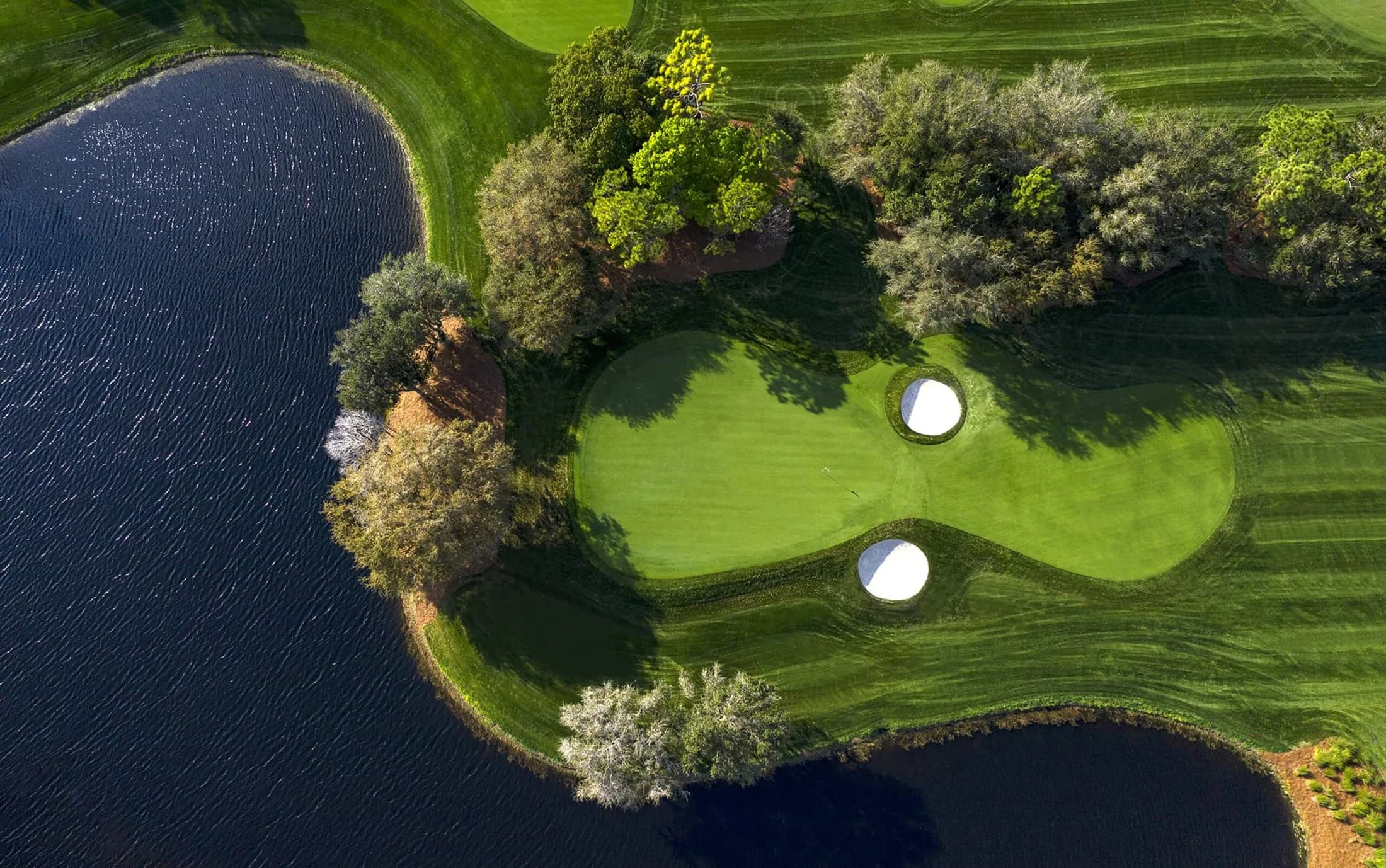 Lake Nona Golf & Country Club — overhead course green beside water from the owner’s golf page. The source does not identify the hole or capture date; this is course imagery, not a view of the ongoing clubhouse renovation.