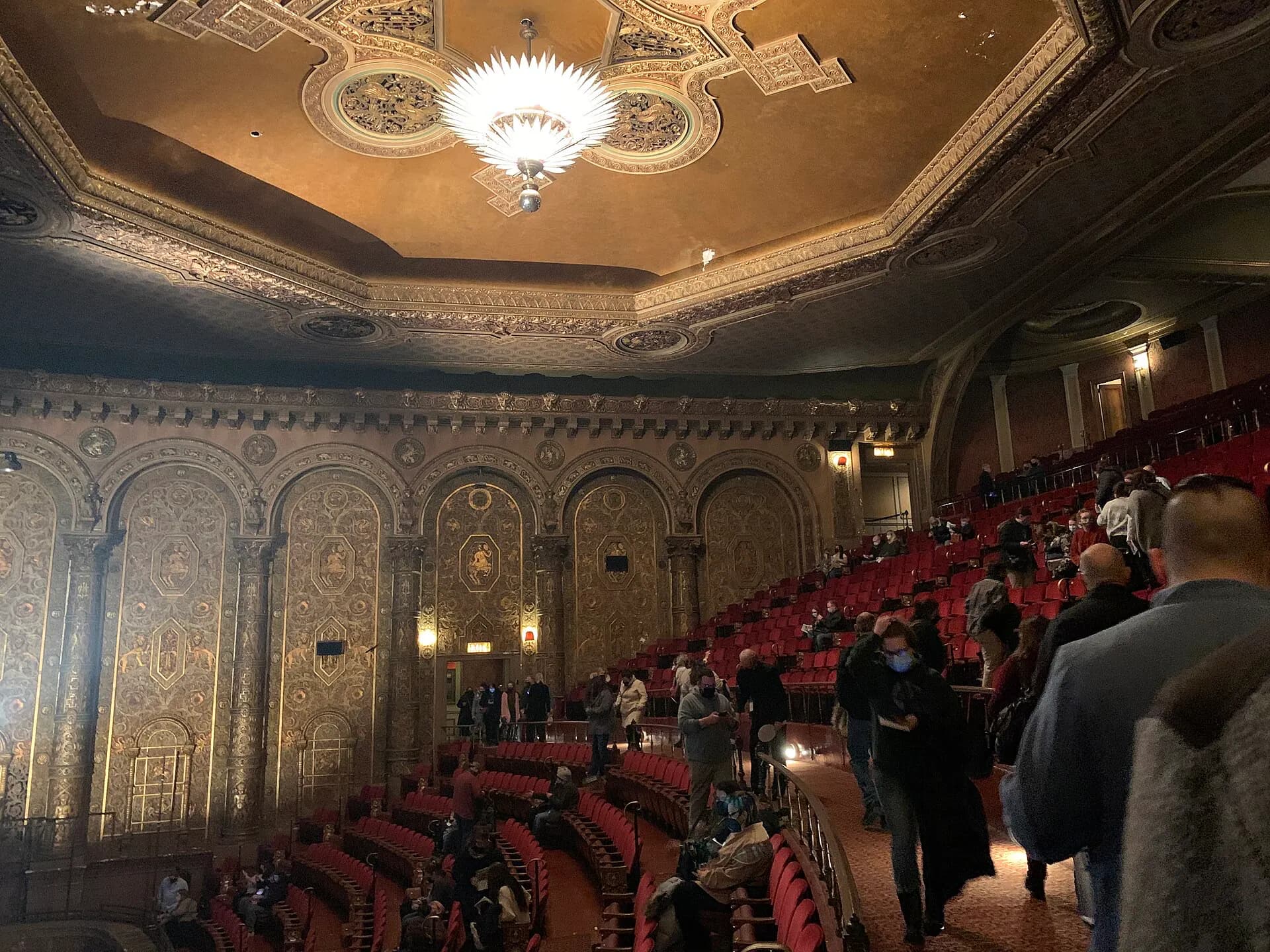 A wide view from the stage across the Landmark Theatre's ornate auditorium and balcony in Syracuse.