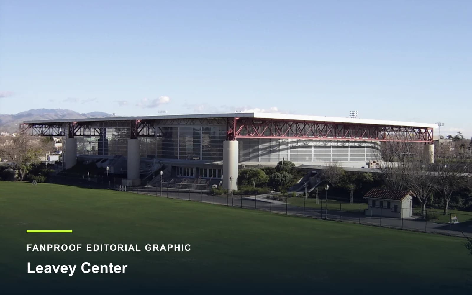 FanProof editorial graphic derived from a reuse-cleared view of Leavey Center, home of Santa Clara basketball.