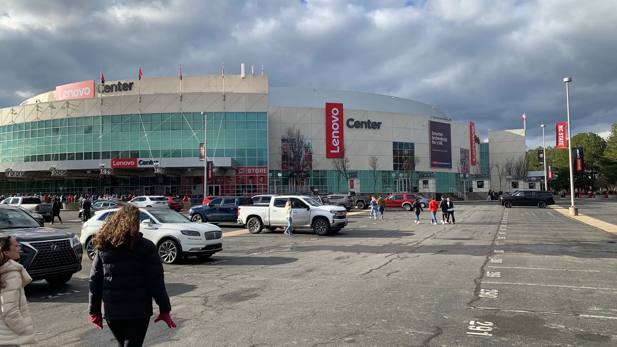 Wide exterior view of Lenovo Center and its current arena signage before an event.