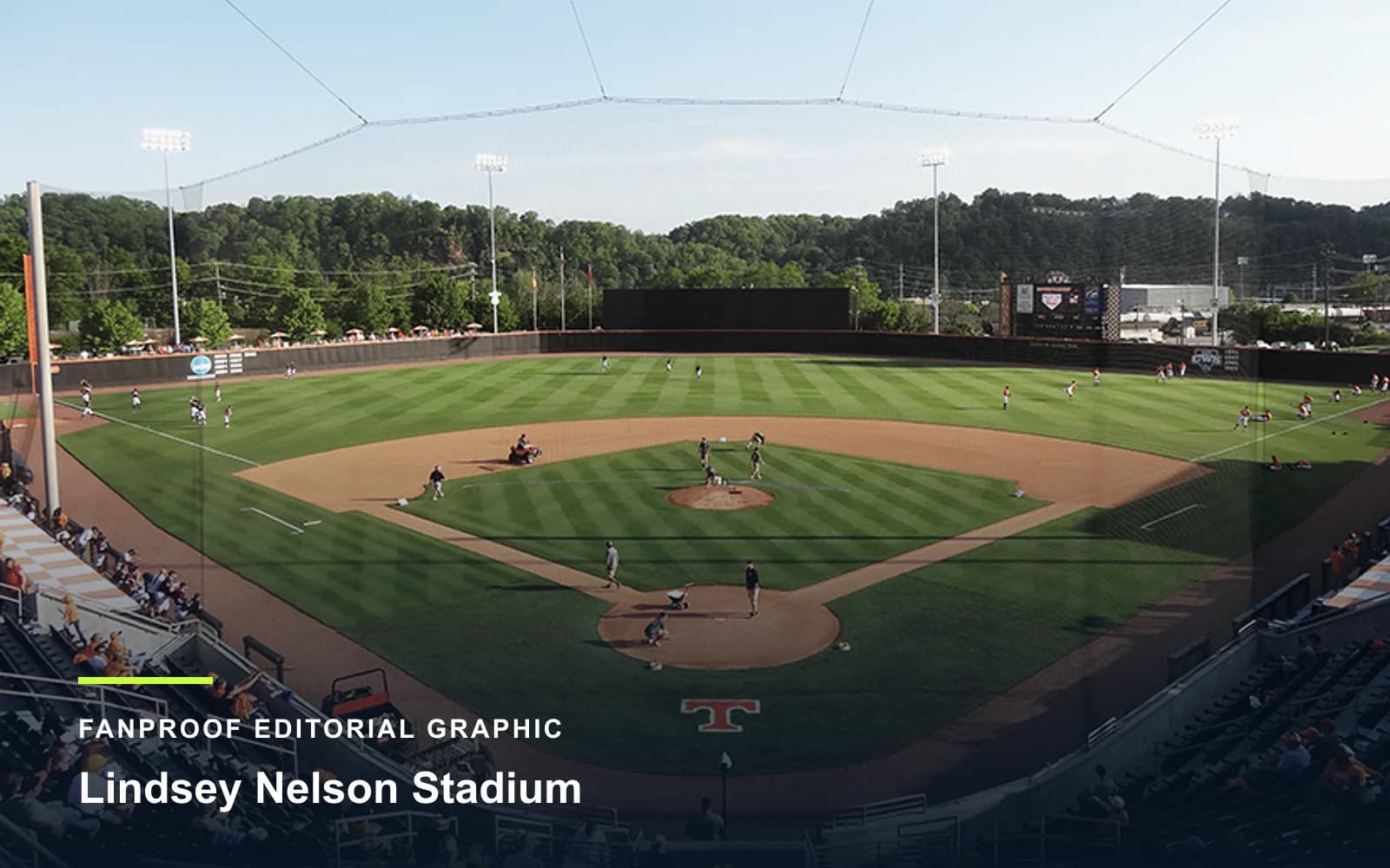 FanProof editorial graphic derived from a reuse-cleared view of Lindsey Nelson Stadium, home of Tennessee baseball.