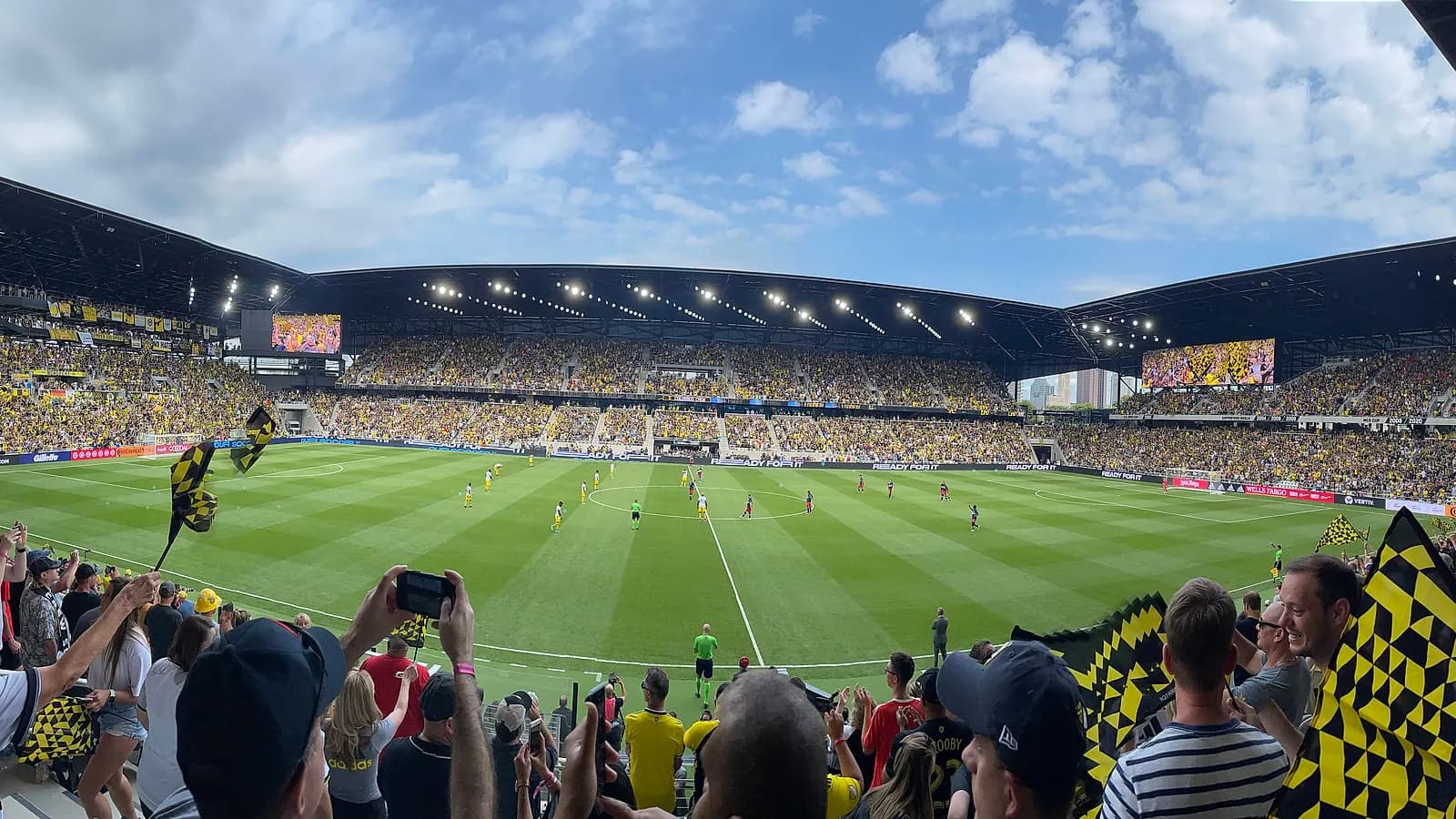 Wide view of a Columbus Crew match and the full seating bowl at Lower.com Field.