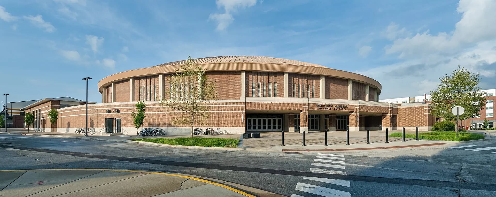 Mackey Arena's exterior and southwest entrance on the Purdue University campus.
