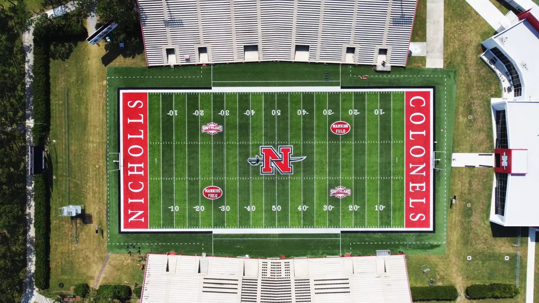 Manning Field and both Guidry Stadium grandstands in Nicholls’ official aerial published in March 2024.