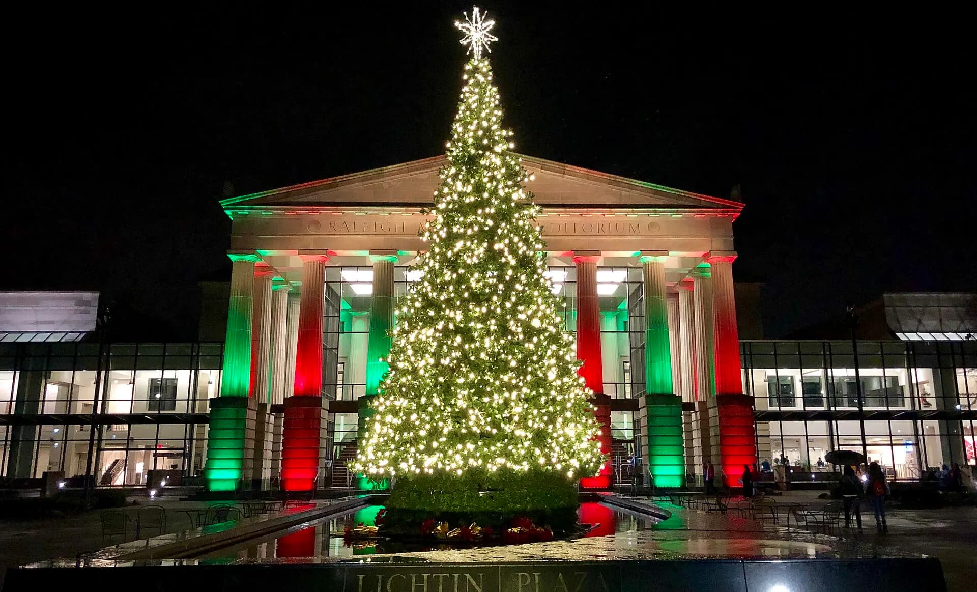 Nighttime exterior view of Raleigh Memorial Auditorium at the Martin Marietta Center.