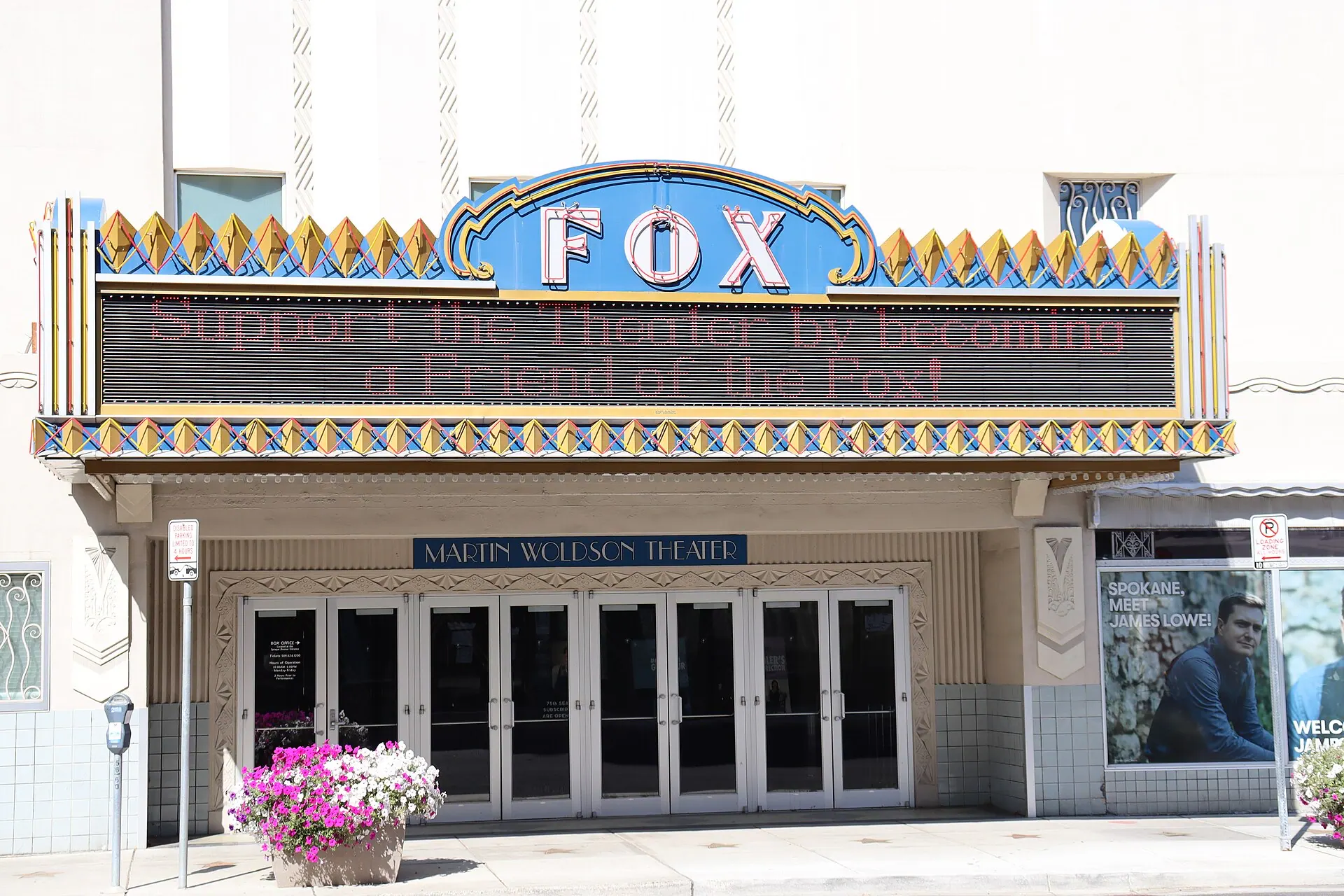 The Art Deco facade and marquee of the Martin Woldson Theater at the Fox in Spokane.