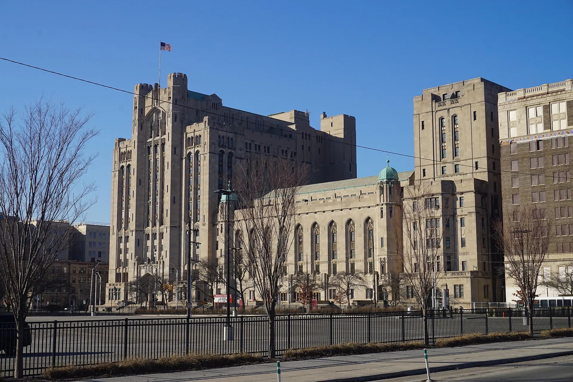 The monumental stone exterior of the Detroit Masonic Temple.