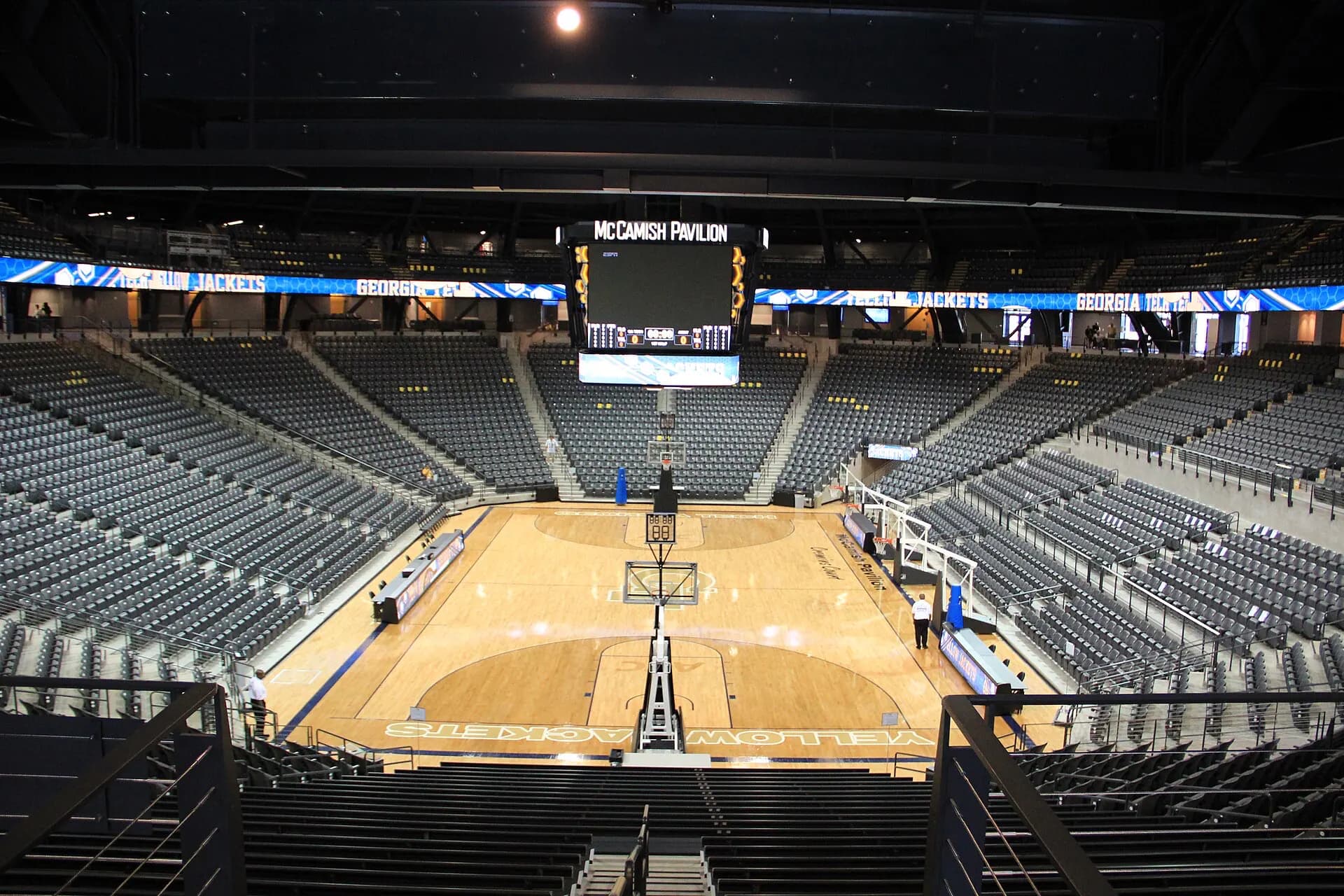 Wide interior view of the court and seating bowl at McCamish Pavilion.