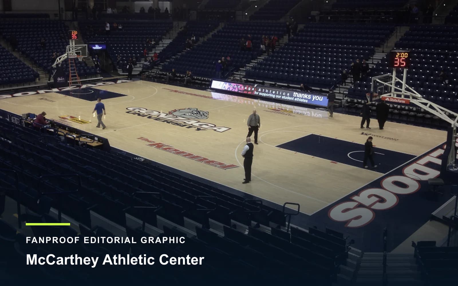 FanProof editorial graphic derived from a reuse-cleared view of McCarthey Athletic Center, home of Gonzaga basketball.