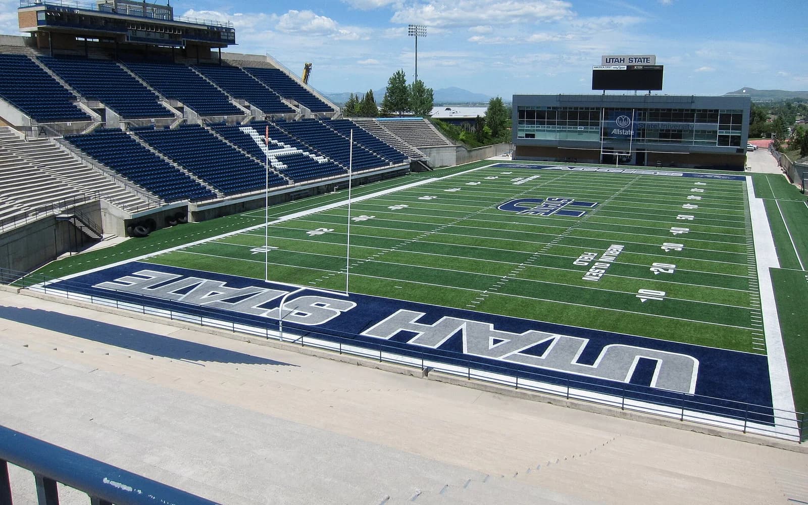 View of Merlin Olsen Field at Maverik Stadium, home of Utah State football.
